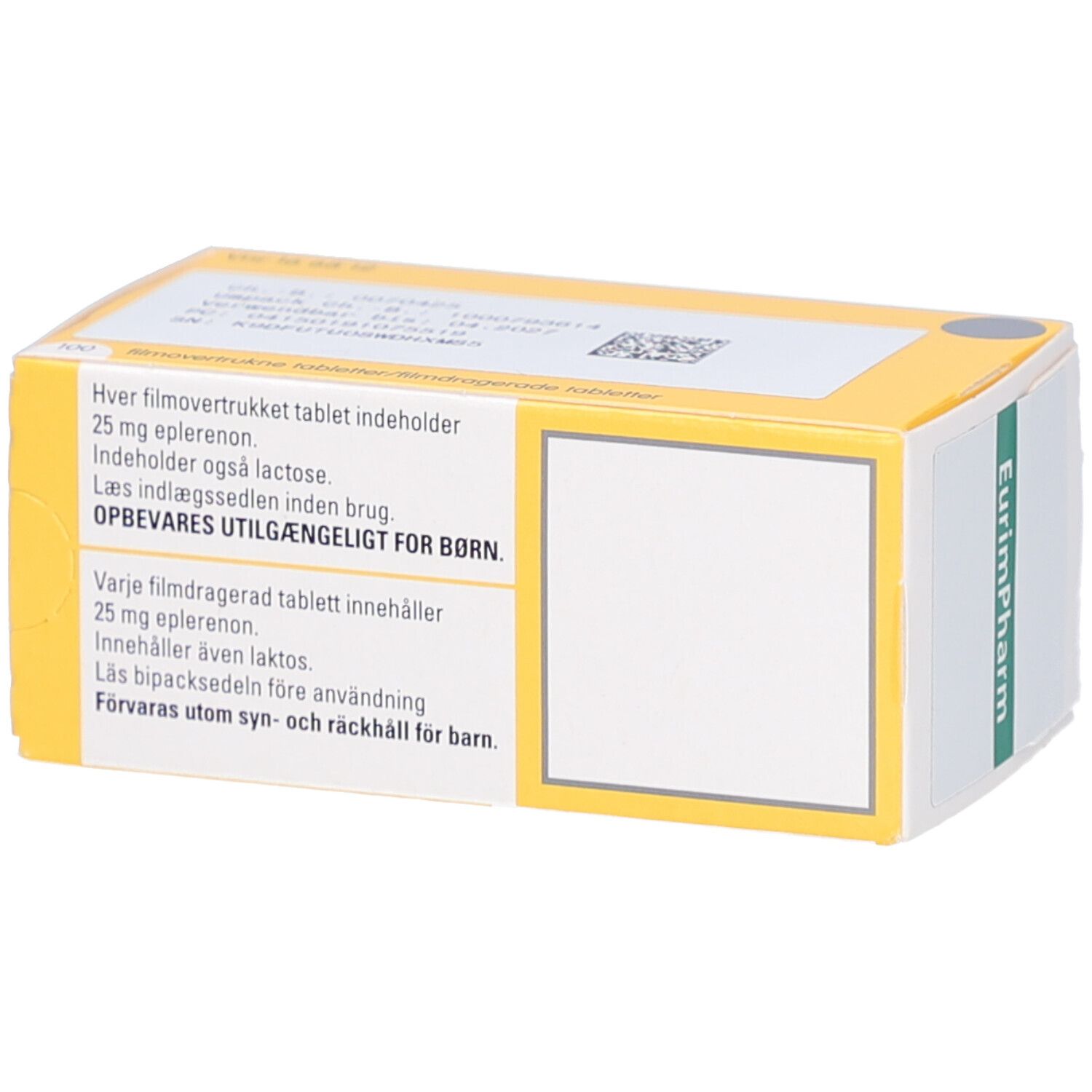 Rückseite der Schachtel mit Eplerenon Teva 25 mg Filmtabletten. Text in mehreren Sprachen. Gelber Bereich.