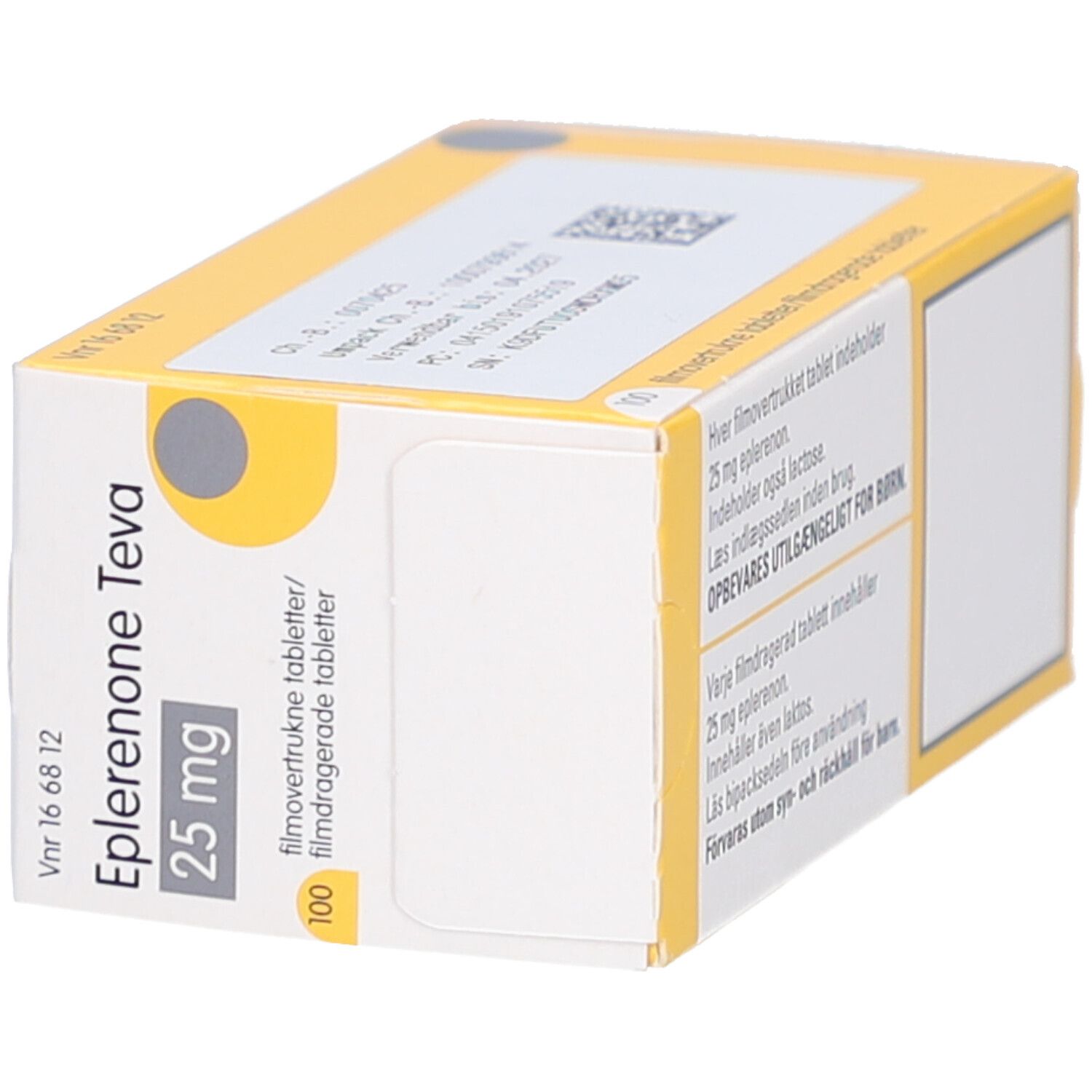 Schachtel mit Eplerenon Teva 25 mg Filmtabletten. Seitenansicht. Aufschrift: 100 Filmtabletten. Gelber Kreis.