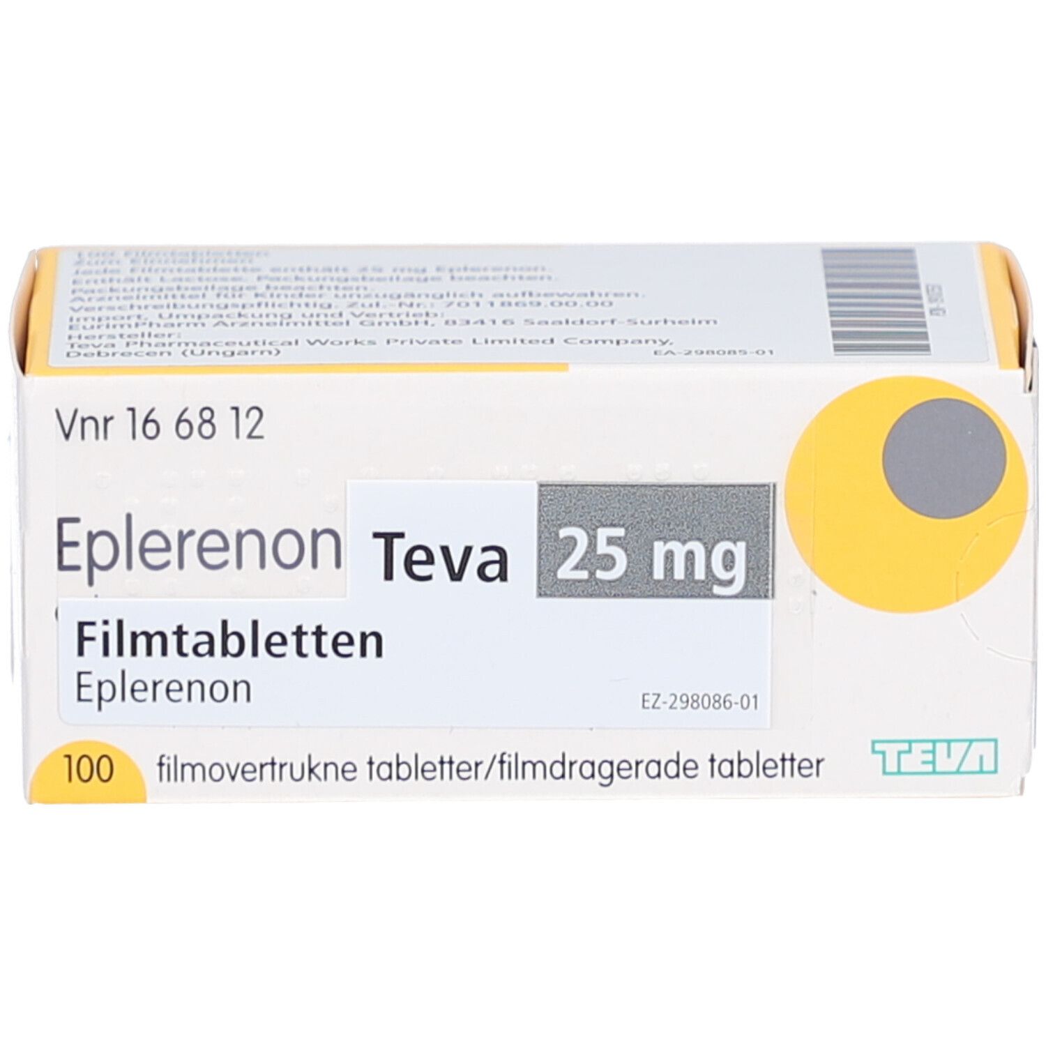 Schachtel mit Eplerenon Teva 25 mg Filmtabletten. Aufschrift: 100 Filmtabletten. Gelber Kreis mit grauem Punkt.