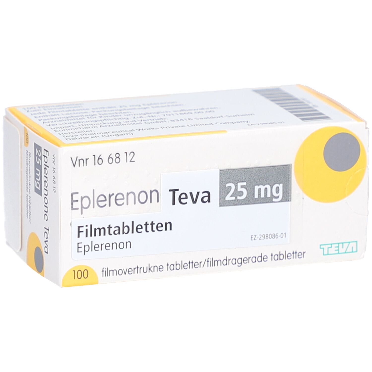 Schachtel mit Eplerenon Teva 25 mg Filmtabletten. Aufschrift: 100 Filmtabletten. Gelber Kreis mit grauem Punkt.