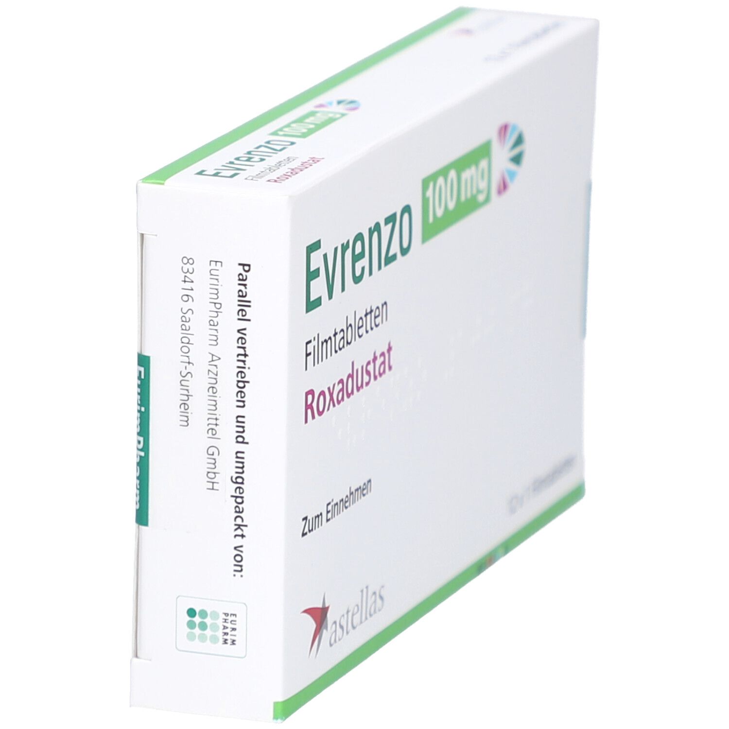 Schachtel EVRENZO 100 mg, schräg. Aufschrift: Roxadustat, Zum Einnehmen, 12 x 1 Filmtabletten. Astellas Logo. EurimPharm.