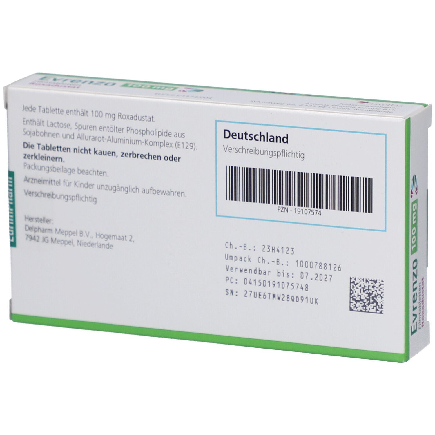 Rückseite der Faltschachtel "Evrenzo 100 mg". Textinformationen, Barcode, PZN-Nummer. EurimPharm-Logo.