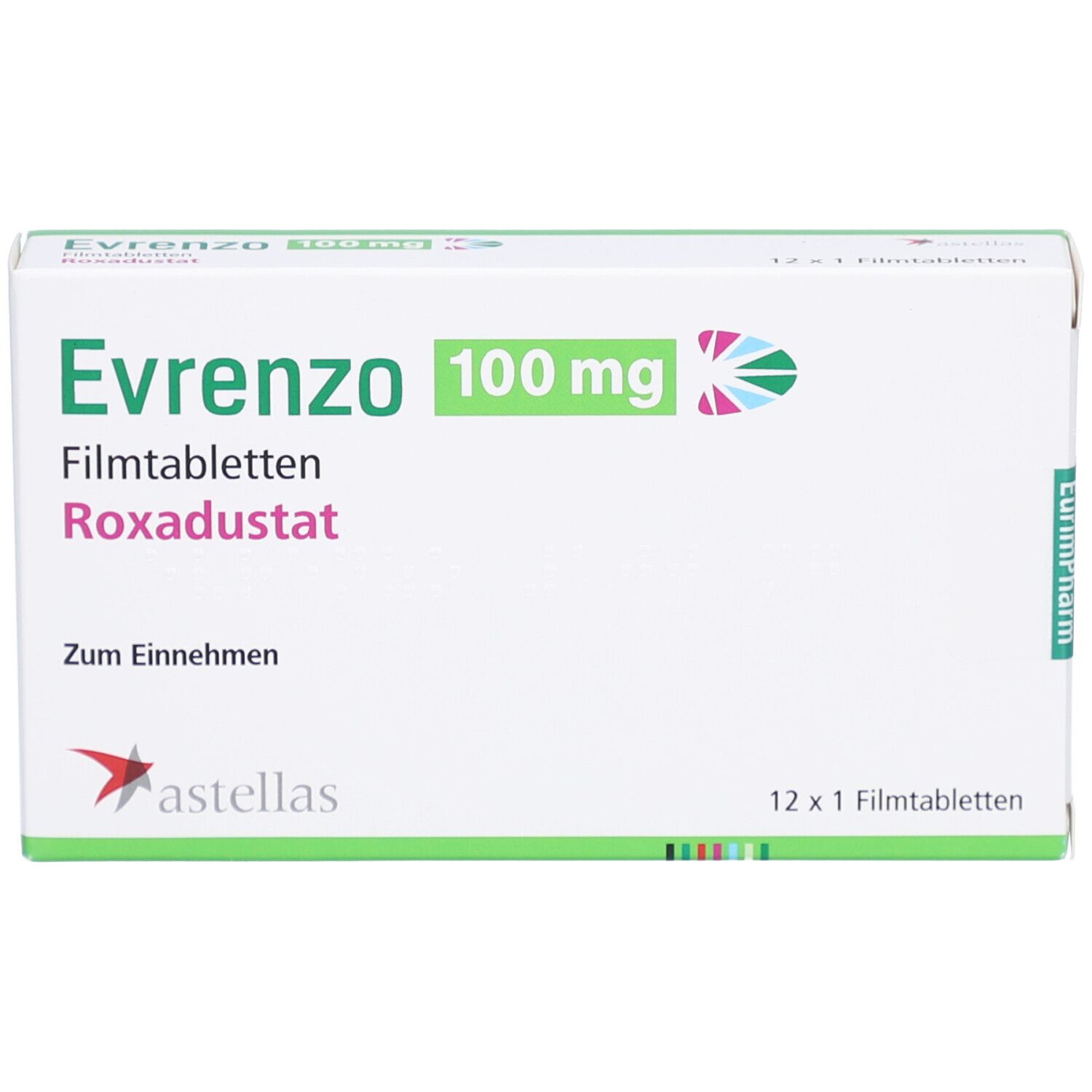 Schachtel mit EVRENZO 100 mg Filmtabletten. Aufschrift: Roxadustat, Zum Einnehmen, 12 x 1 Filmtabletten. Astellas Logo.