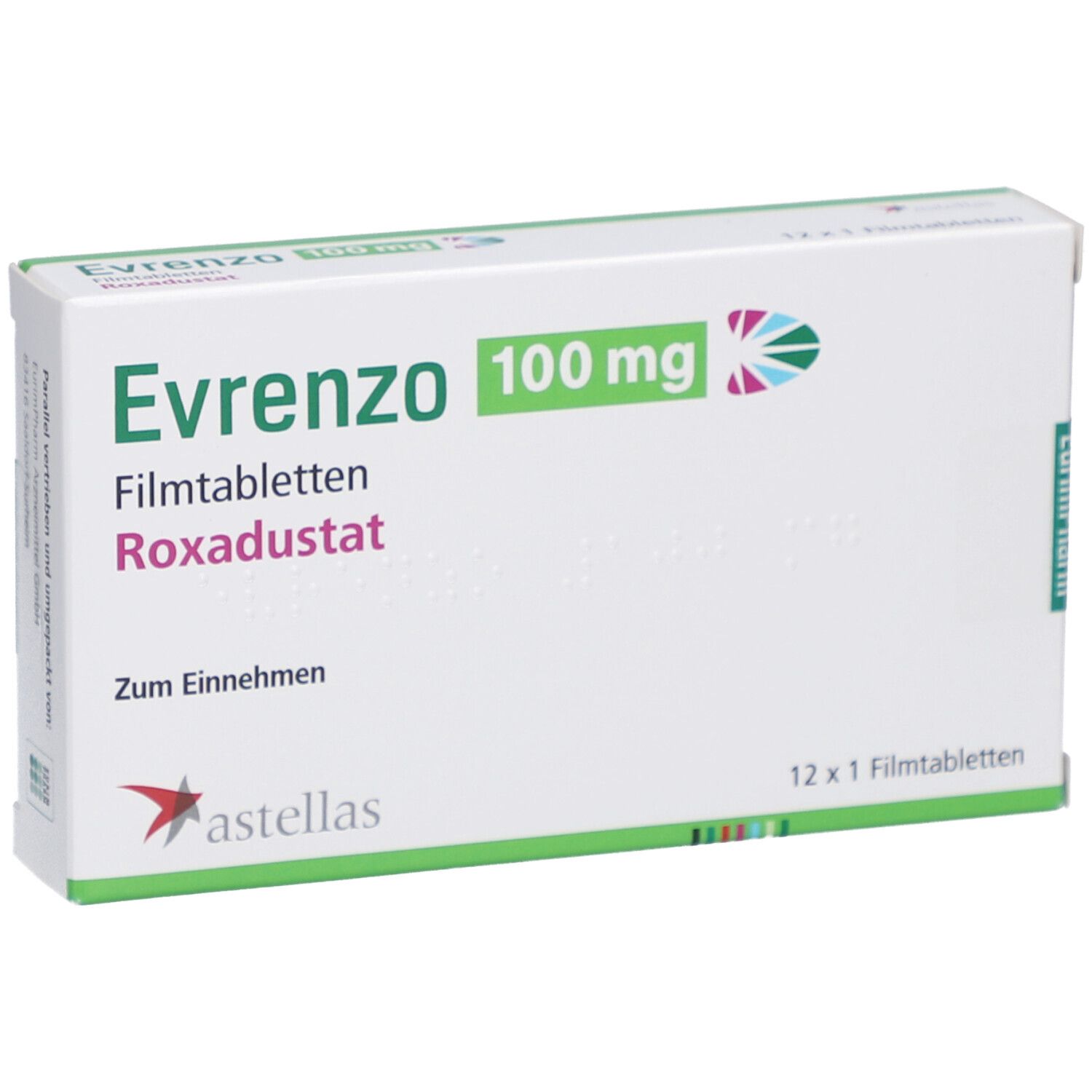 Schachtel mit EVRENZO 100 mg Filmtabletten. Aufschrift: Roxadustat, Zum Einnehmen, 12 x 1 Filmtabletten. Astellas Logo.
