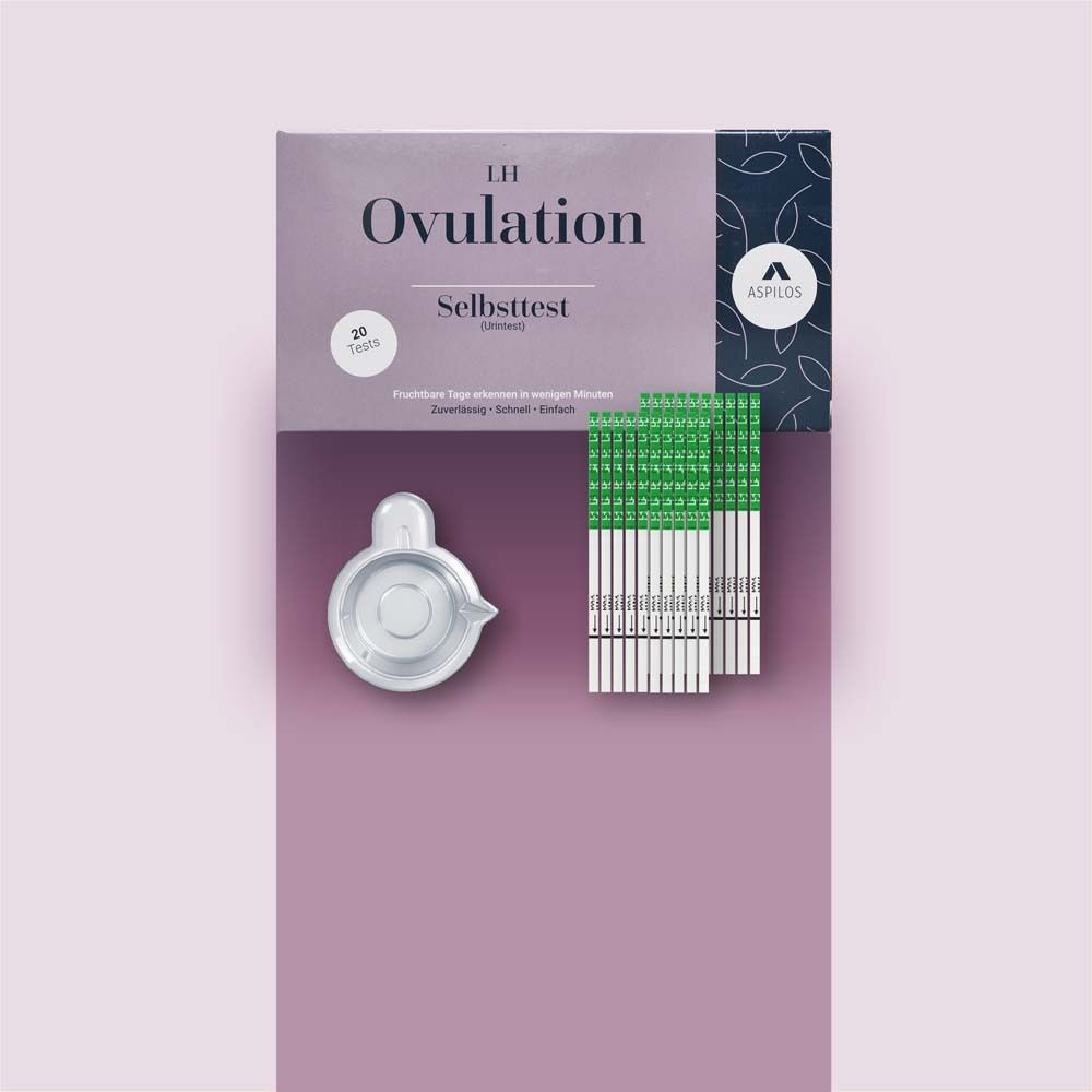 Packung mit Ovulationstest, Teststreifen und Behälter. ASPILOS-Logo.