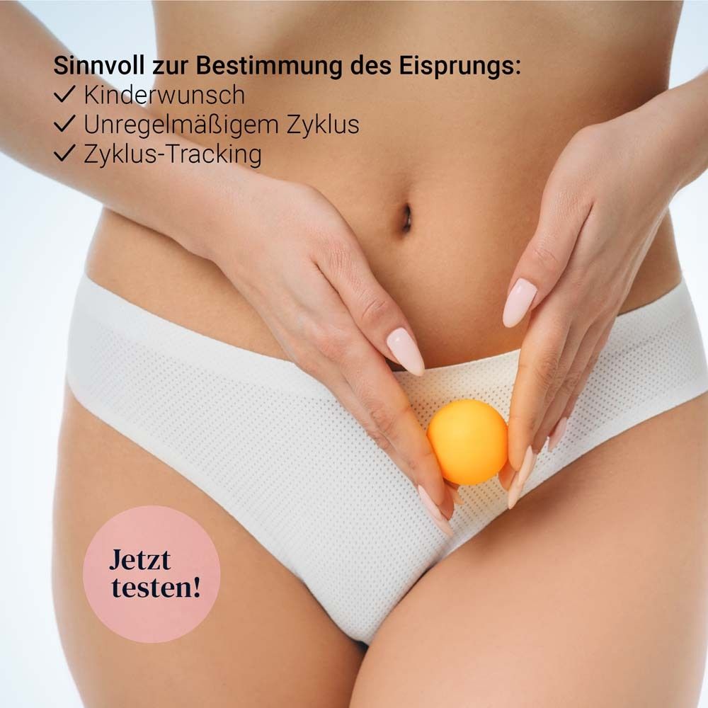 Frau mit Unterwäsche hält eine Kugel. Text: Jetzt testen!