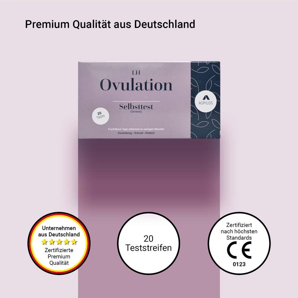 Packung mit Ovulationstest. Text: Premium Qualität aus Deutschland. CE-Zeichen.