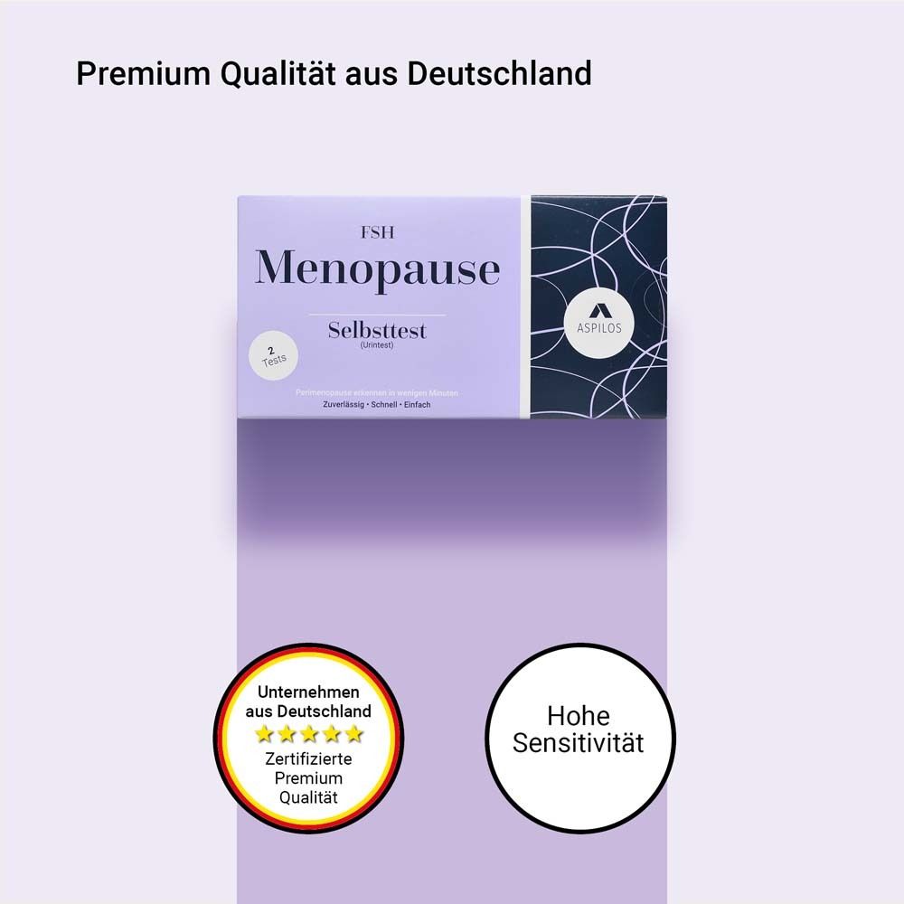Packung mit FSH Menopause Selbsttest. Text: Premium Qualität aus Deutschland. Hohe Sensitivität.