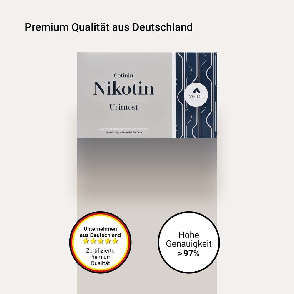 Schachtel mit Aufschrift Cotinin Nikotin Urintest. Logo ASPILOS. Premium Qualität. Hohe Genauigkeit >97%.