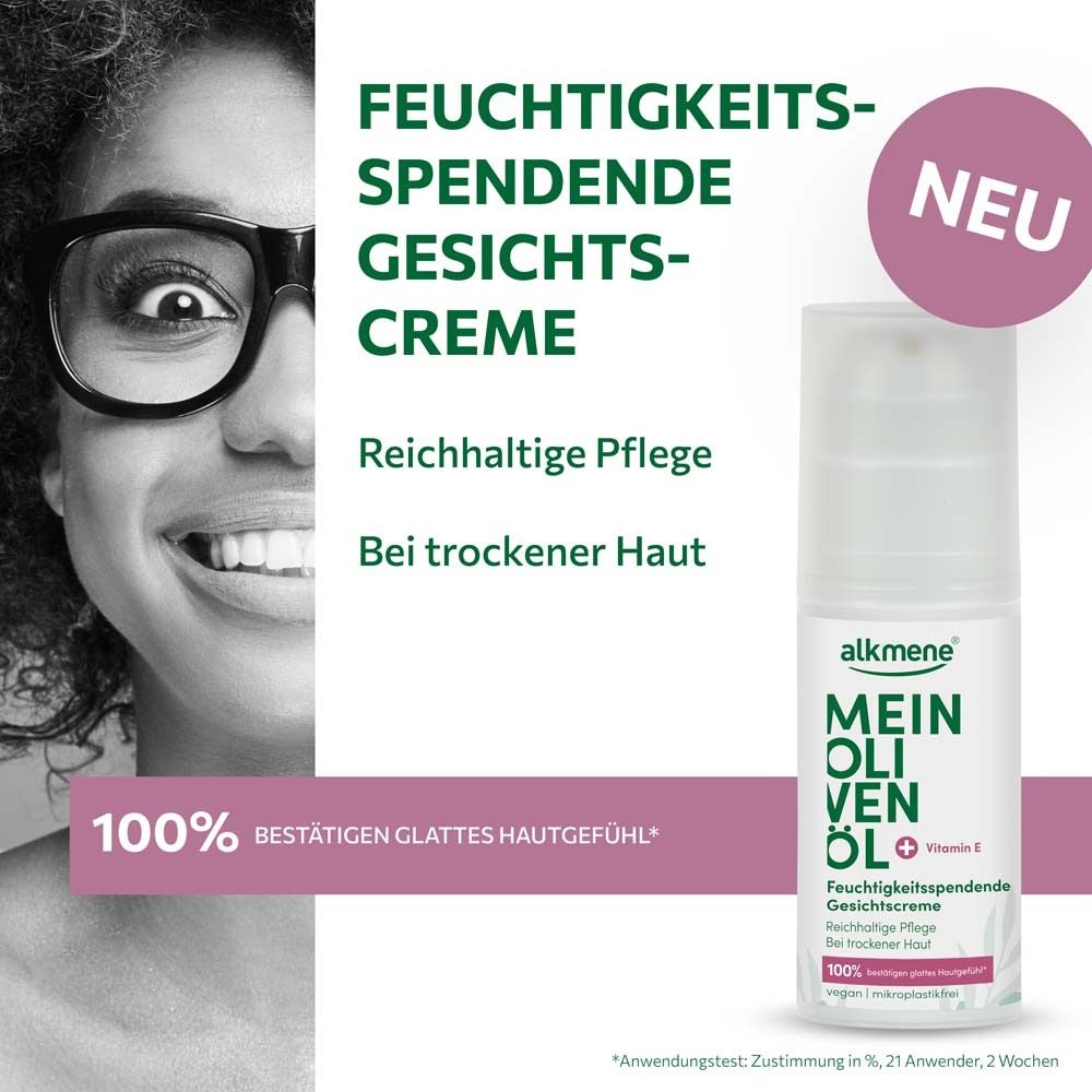Gesichtspflege mit Olivenöl und Vitamin E. Frau mit Brille. Aufschrift: Feuchtigkeitsspendende Gesichtscreme.