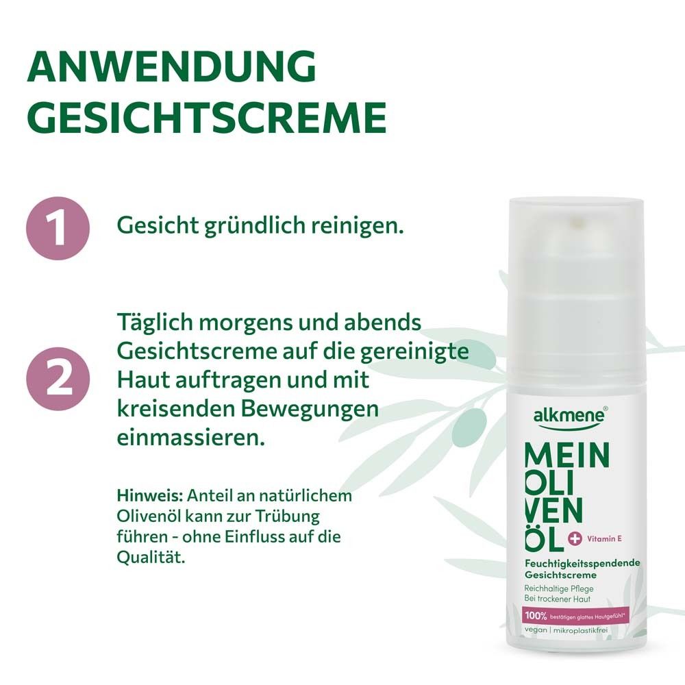 Anwendung der Gesichtscreme. Schritt 1: Gesicht reinigen. Schritt 2: Creme auftragen und einmassieren.