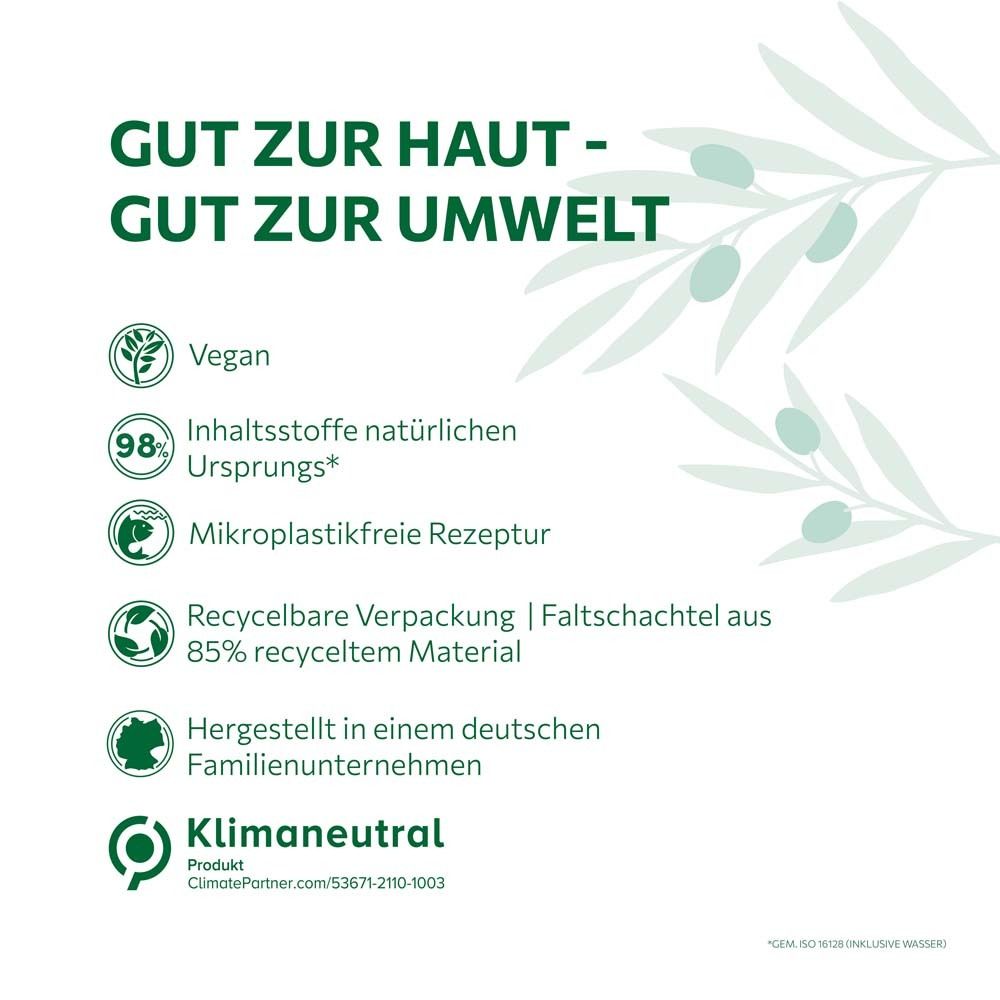 Produktmerkmale: Vegan, 98% natürlichen Ursprungs, mikroplastikfrei, recycelbar, klimaneutral.