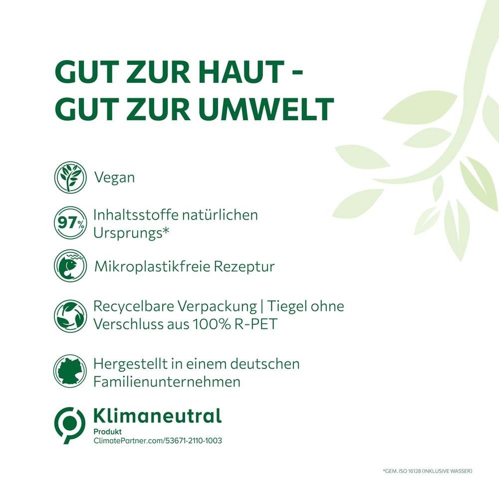 Grafik mit Text: Gut zur Haut - Gut zur Umwelt. Vegan, 97% Inhaltsstoffe natürlichen Ursprungs, klimaneutral.