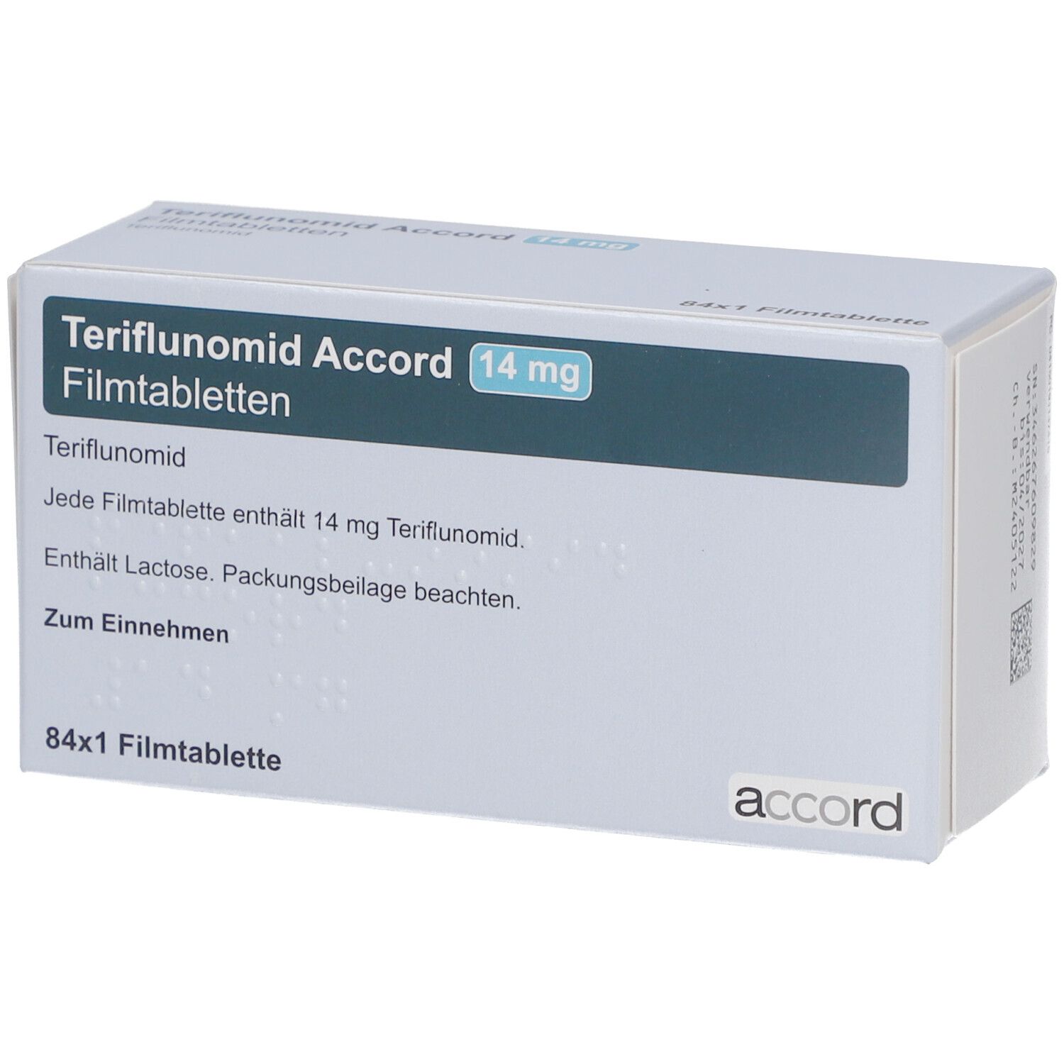 Verpackung von Teriflunomid Accord 14 mg Filmtabletten. Aufschrift: 84x1 Filmtablette. Marke: accord.