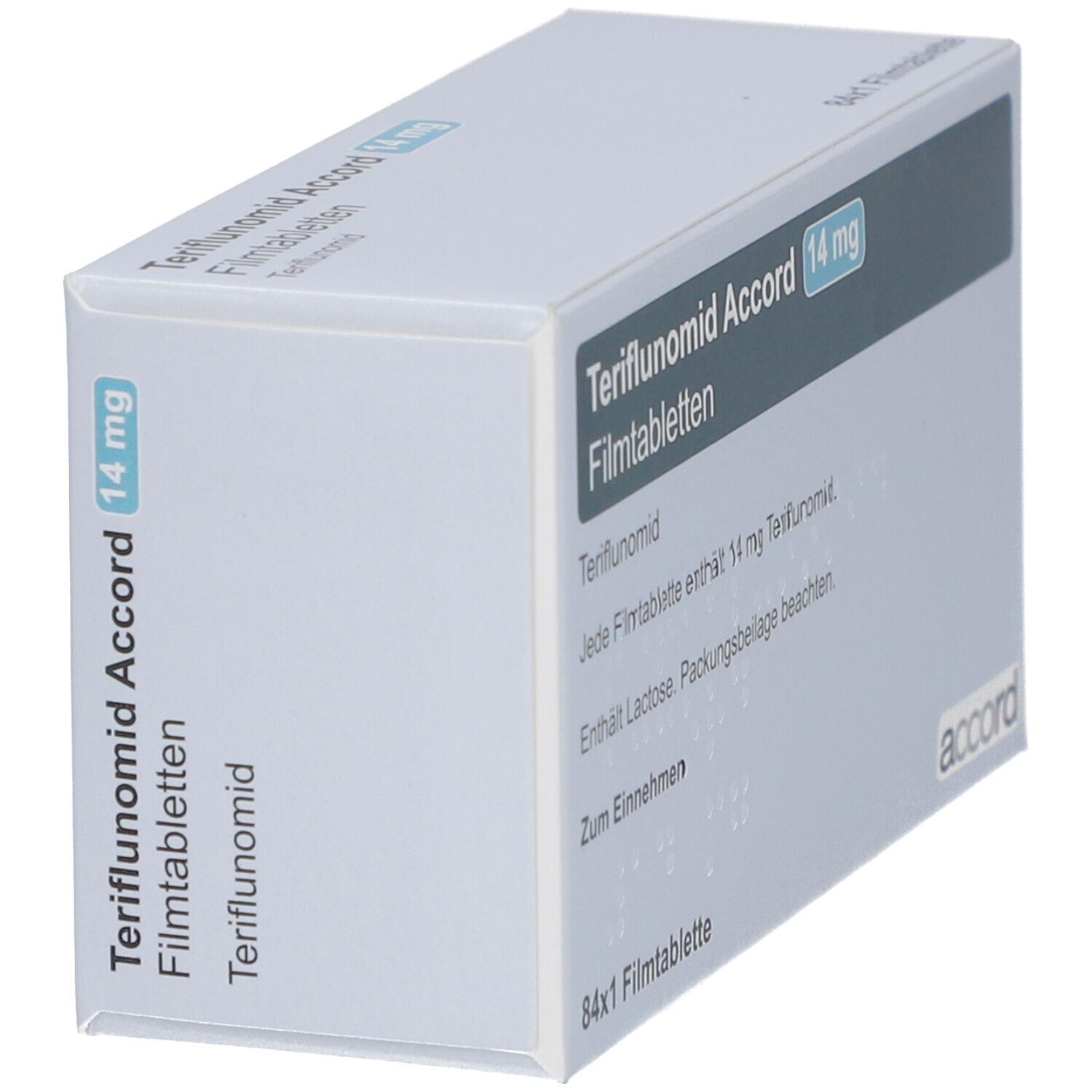 Schräg gestellte Verpackung von Teriflunomid Accord 14 mg Filmtabletten. Aufschrift: 84x1 Filmtablette. Marke: accord.