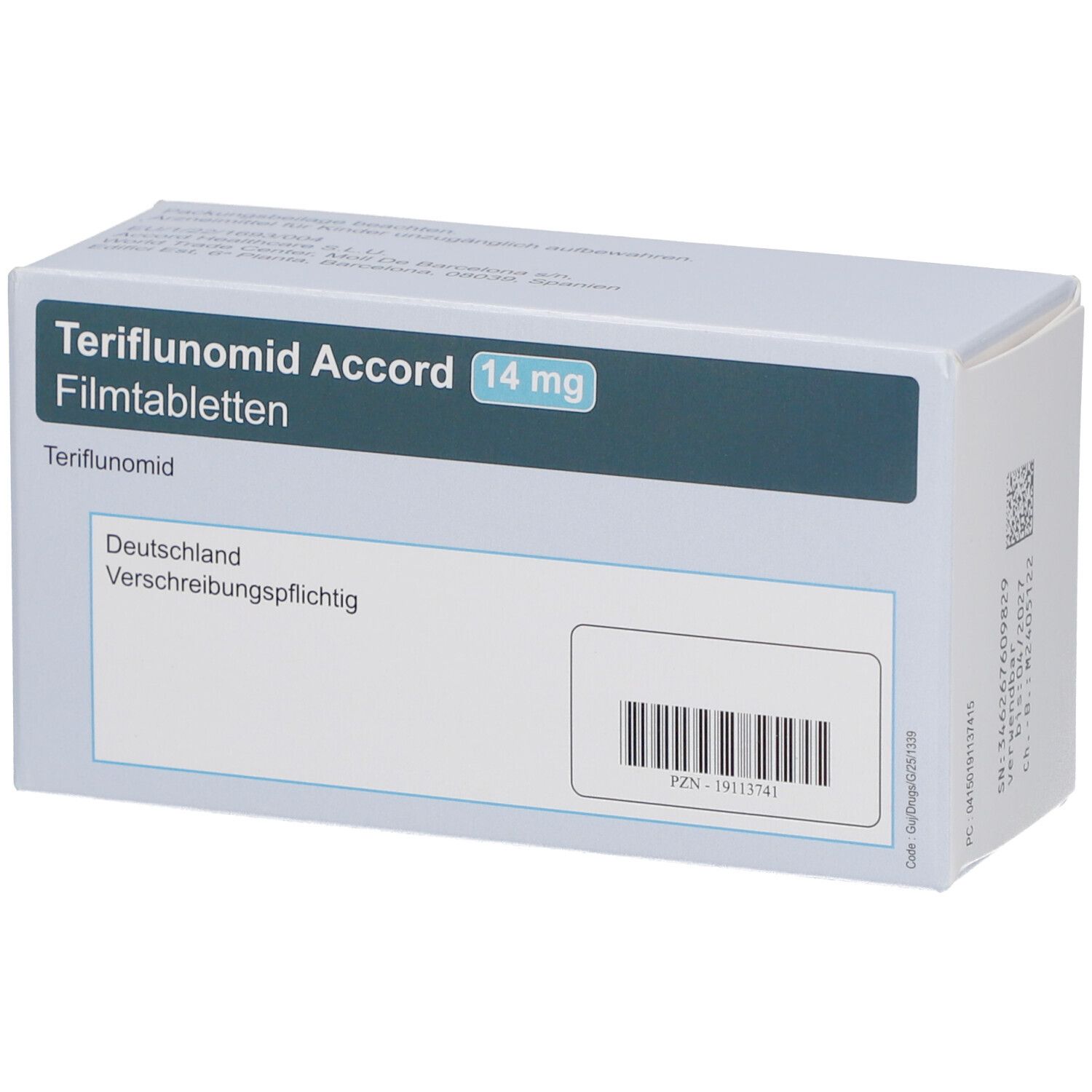Verpackung von Teriflunomid Accord 14 mg Filmtabletten. Aufschrift: Deutschland, verschreibungspflichtig. Barcode.