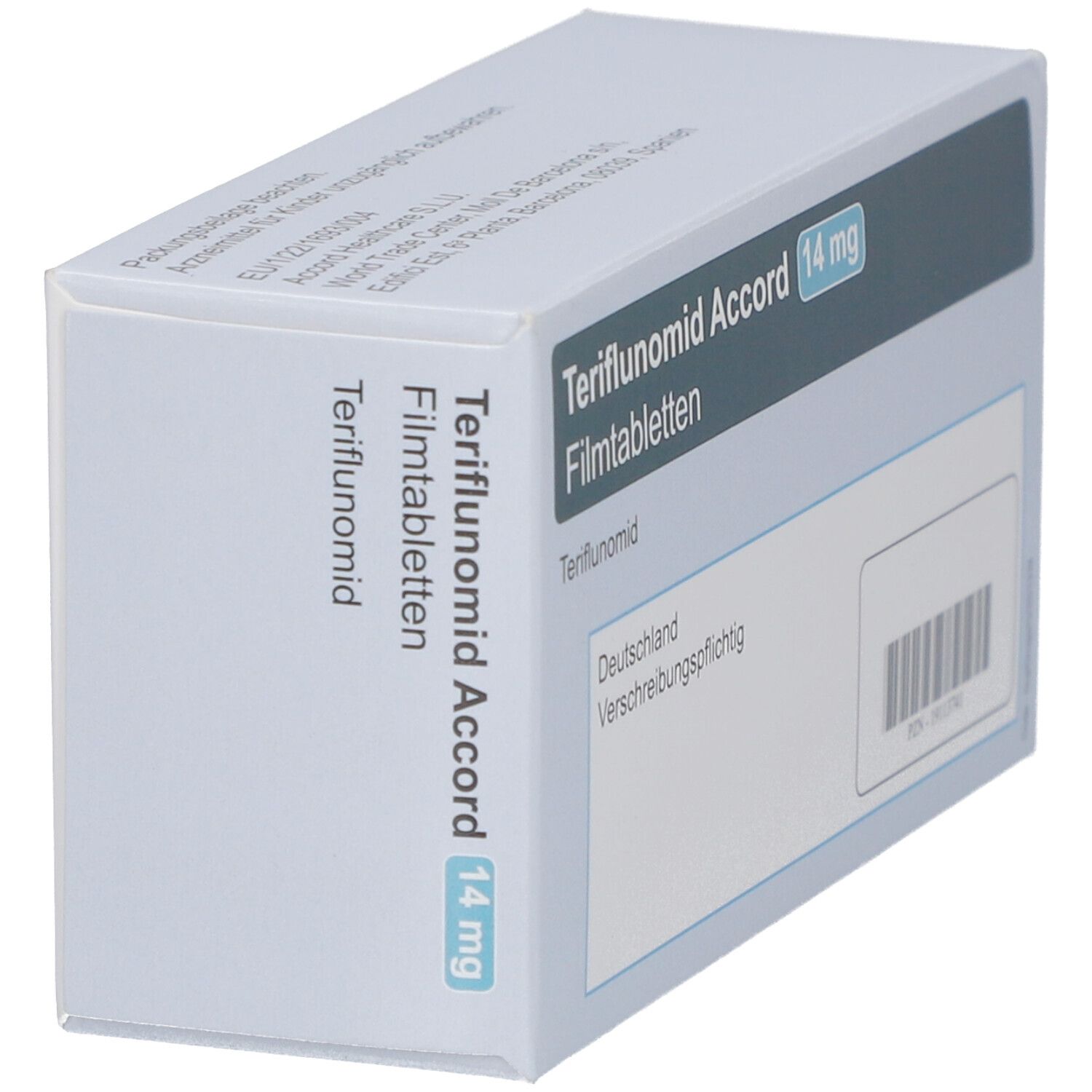 Schräg gestellte Verpackung von Teriflunomid Accord 14 mg Filmtabletten. Aufschrift: Deutschland, verschreibungspflichtig. Barcode.