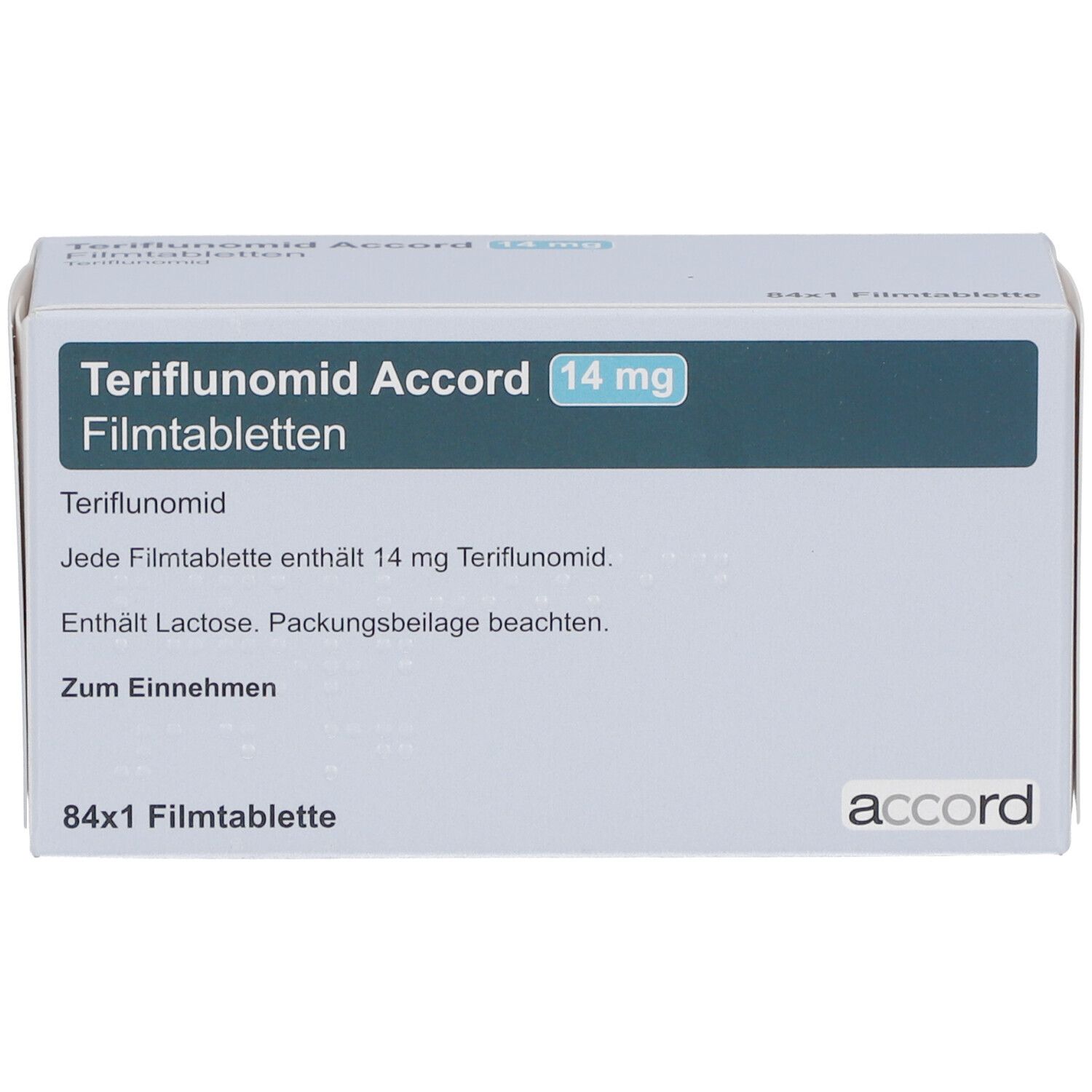 Verpackung von Teriflunomid Accord 14 mg Filmtabletten. Aufschrift: 84x1 Filmtablette. Marke: accord.