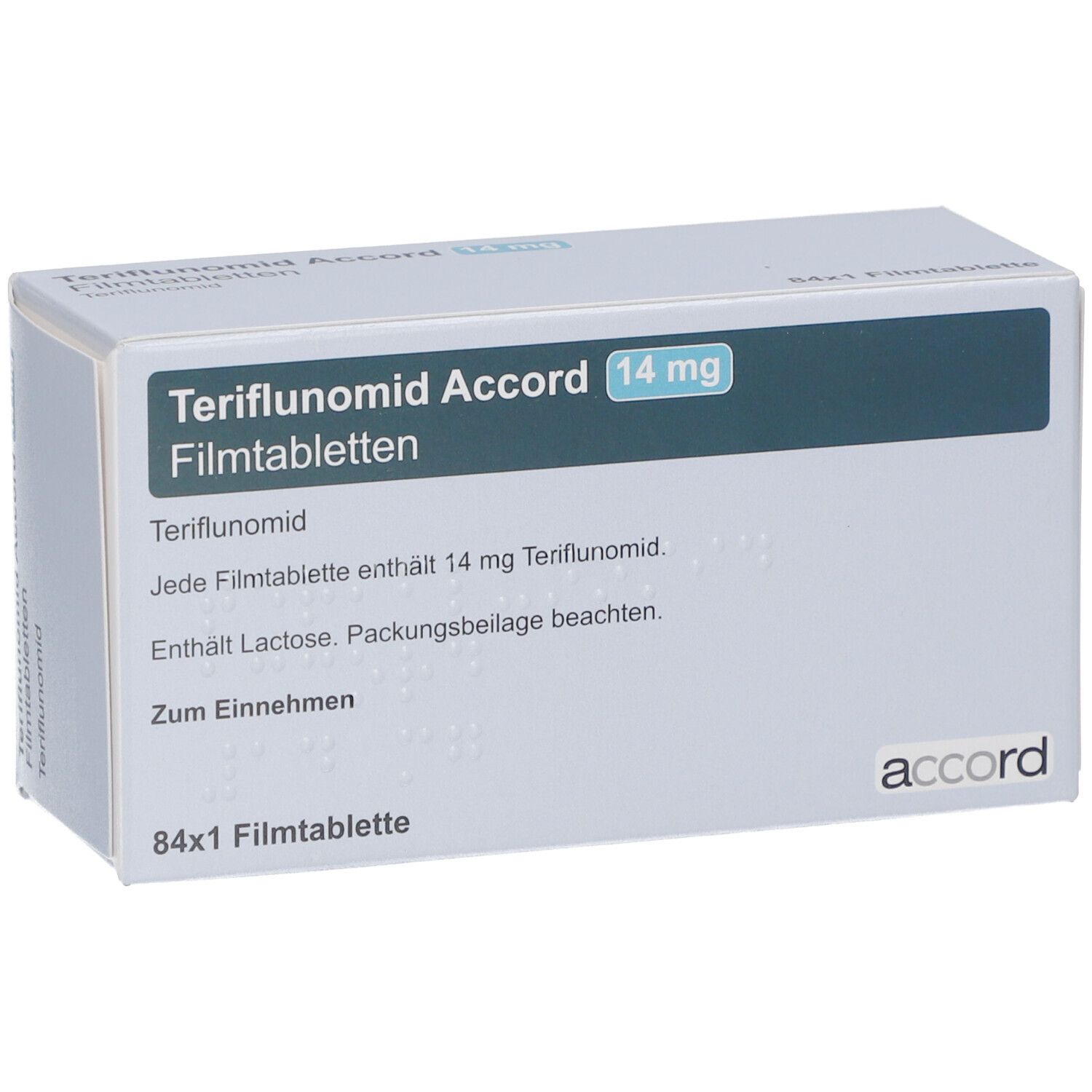 Verpackung von Teriflunomid Accord 14 mg Filmtabletten. Aufschrift: 84x1 Filmtablette. Marke: accord.