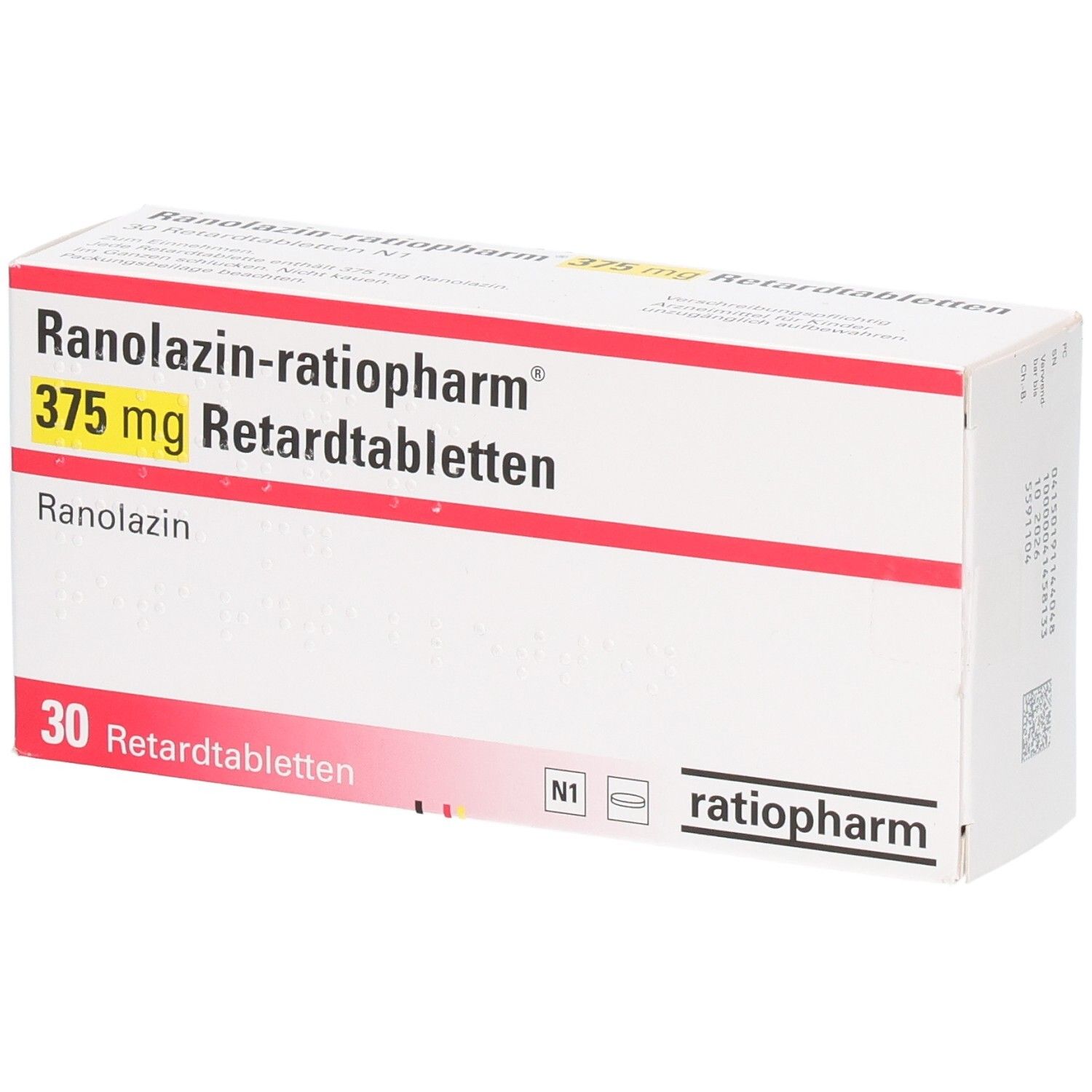 Weiße Schachtel mit roter und gelber Schrift. Aufschrift: Ranolazin-ratiopharm 375 mg Retardtabletten. 30 Retardtabletten.