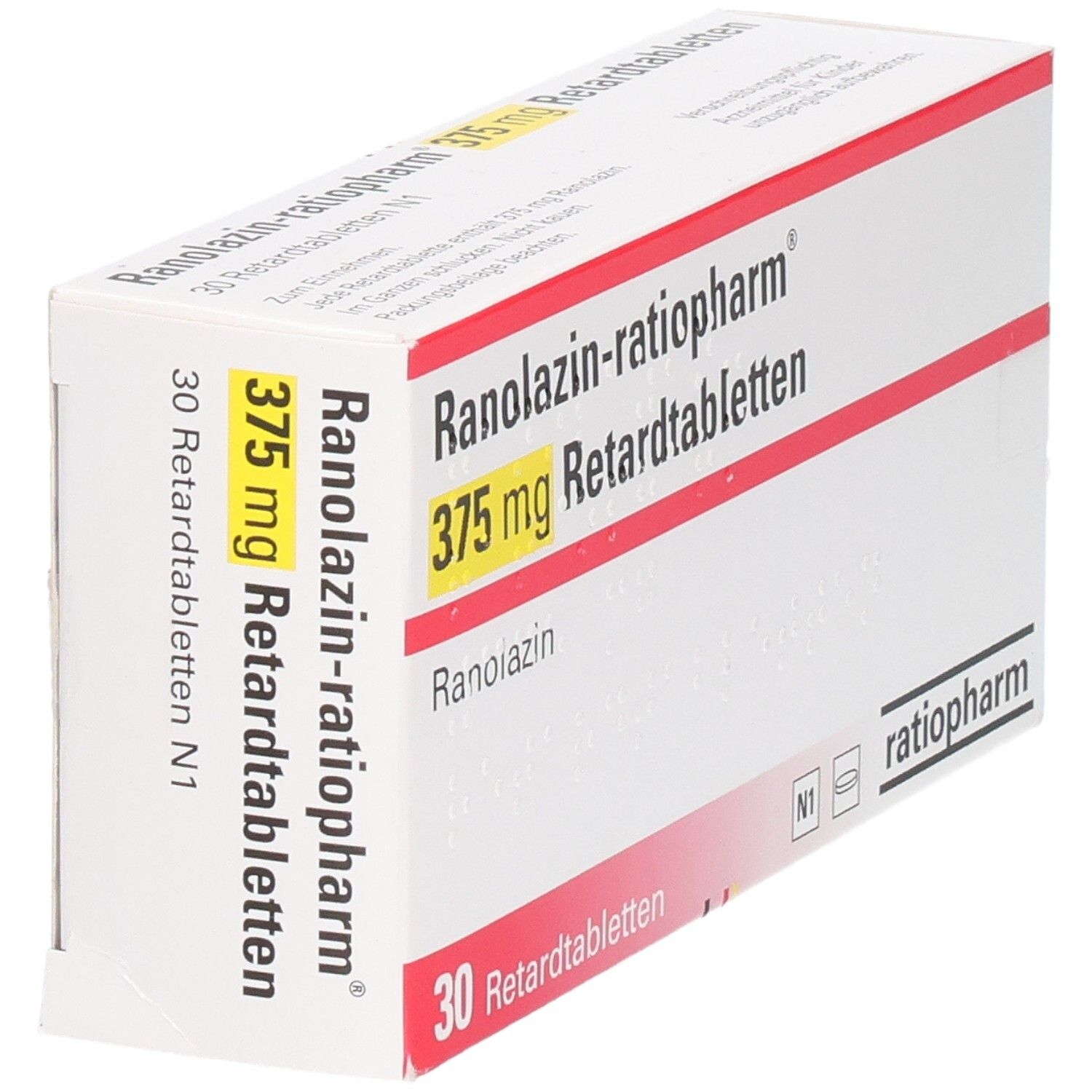 Schachtel mit roter und gelber Schrift. Aufschrift: Ranolazin-ratiopharm 375 mg Retardtabletten. 30 Retardtabletten. Logo ratiopharm.