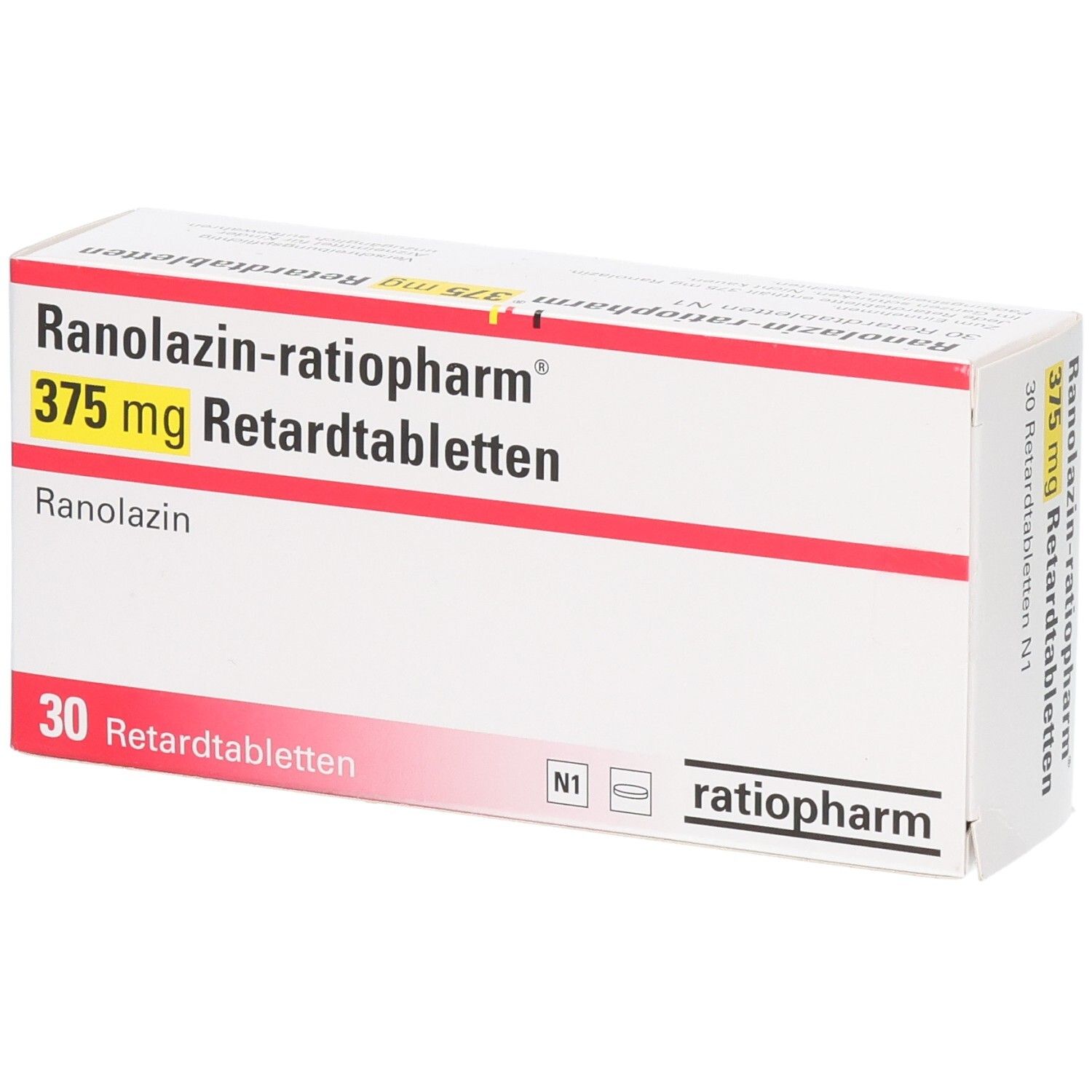 Weiße Schachtel mit roter und gelber Schrift. Aufschrift: Ranolazin-ratiopharm 375 mg Retardtabletten. 30 Retardtabletten. Logo ratiopharm.