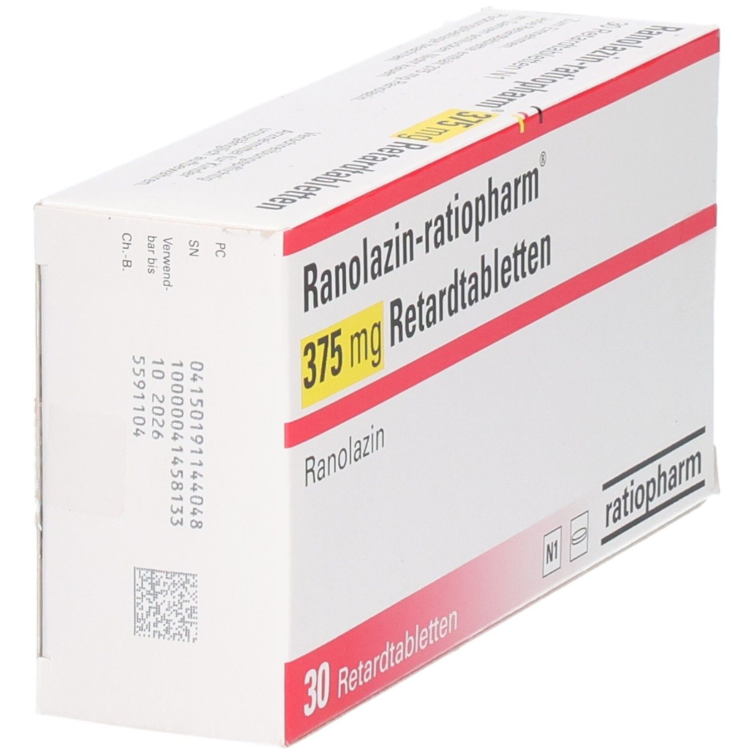 Weiße Schachtel mit roter und gelber Schrift. Aufschrift: Ranolazin-ratiopharm 375 mg Retardtabletten. 30 Retardtabletten. Logo ratiopharm.