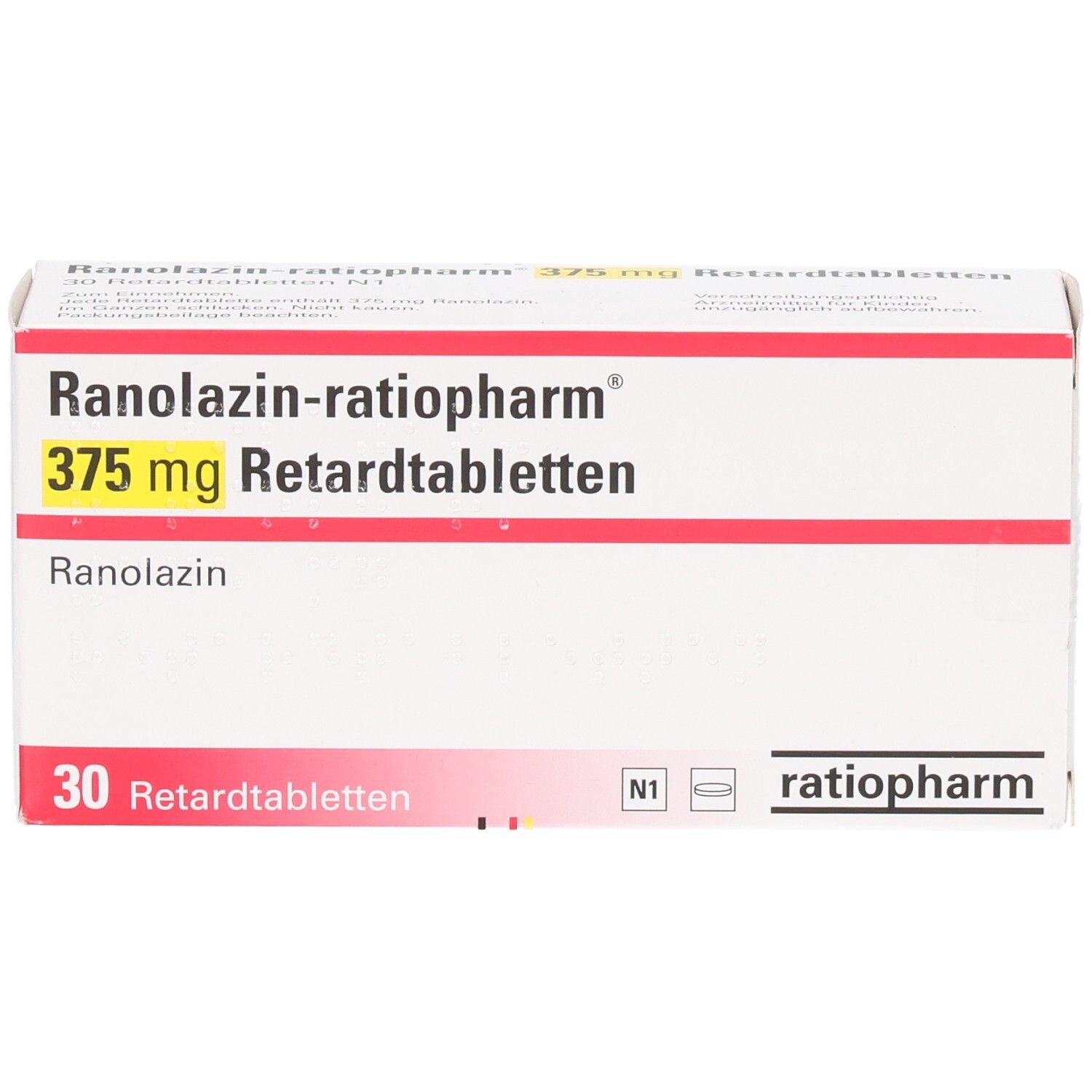 Weiße Schachtel mit roter und gelber Schrift. Aufschrift: Ranolazin-ratiopharm 375 mg Retardtabletten. 30 Retardtabletten. Logo ratiopharm.