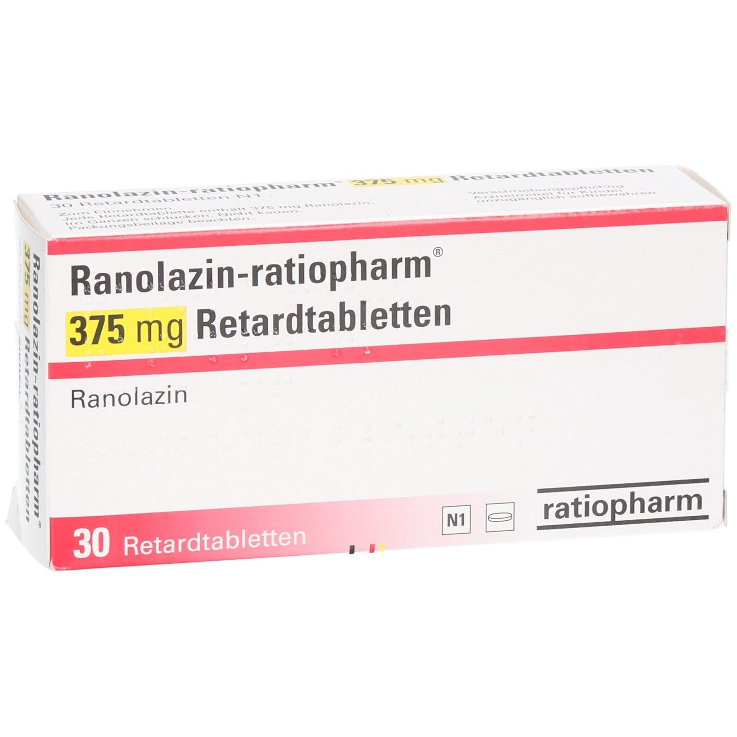 Weiße Schachtel mit roter und gelber Schrift. Aufschrift: Ranolazin-ratiopharm 375 mg Retardtabletten. 30 Retardtabletten. Logo ratiopharm.