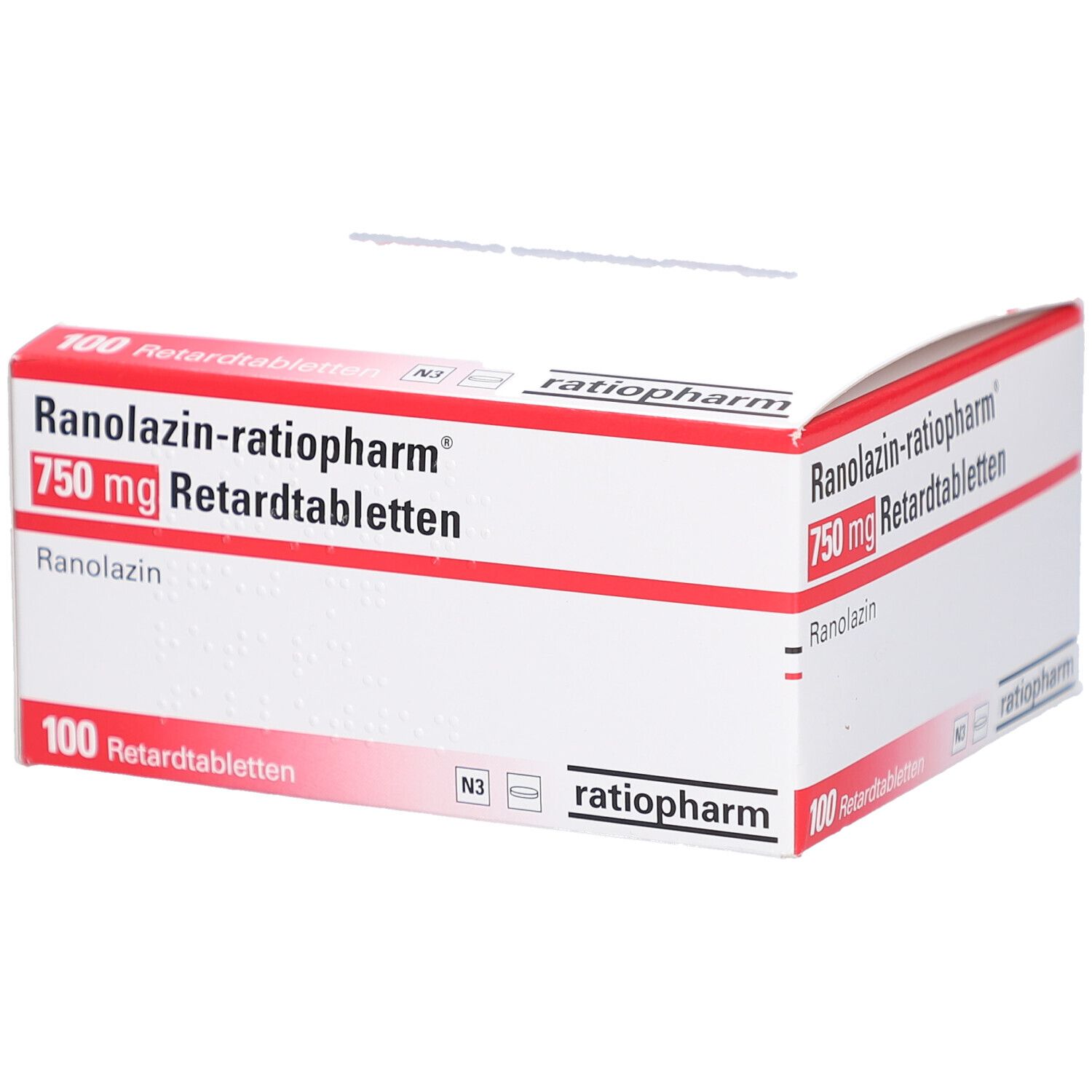 Schachtel mit roter und weißer Aufschrift. "Ranolazin-ratiopharm 750 mg Retardtabletten". 100 Tabletten. ratiopharm Logo.