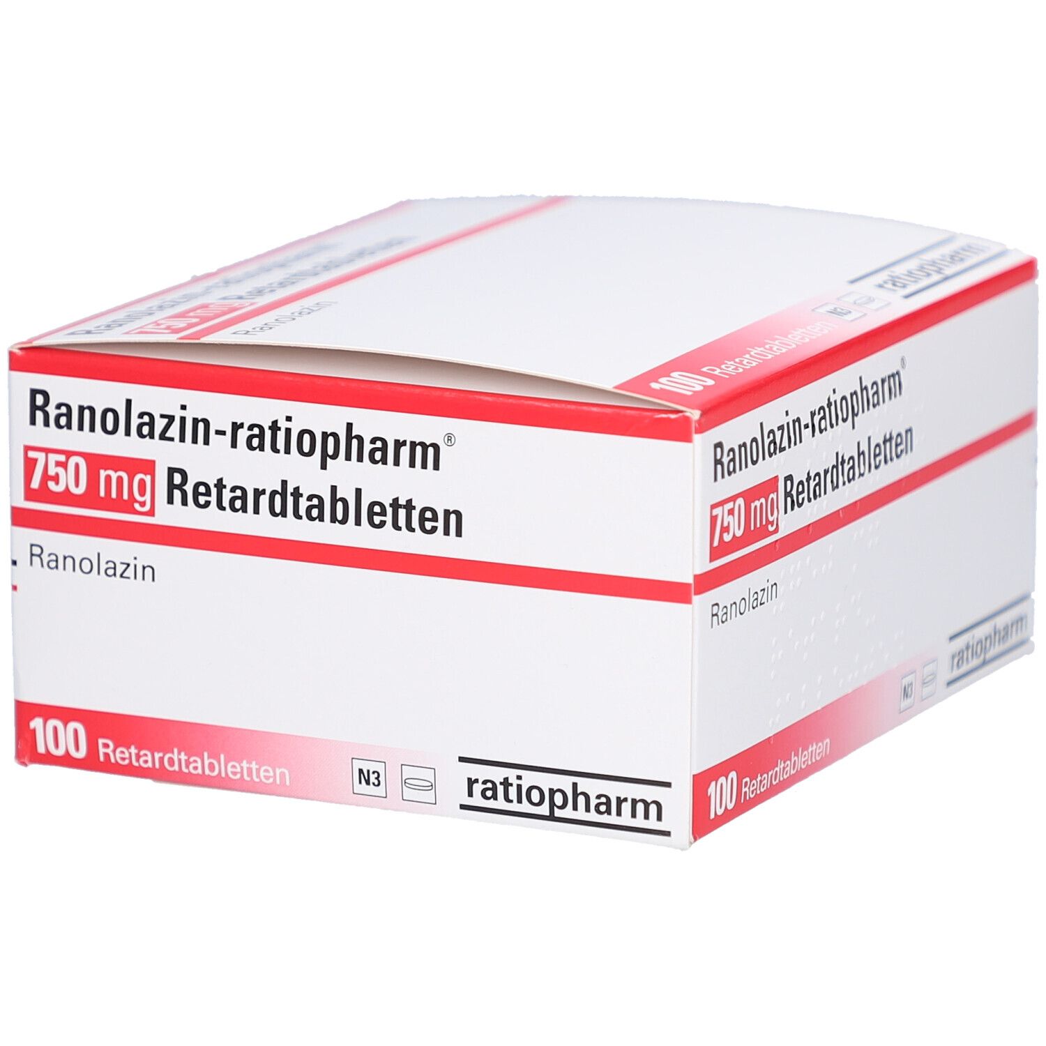 Weiße Schachtel mit roter Schrift. "Ranolazin-ratiopharm 750 mg Retardtabletten". 100 Tabletten. ratiopharm Logo.