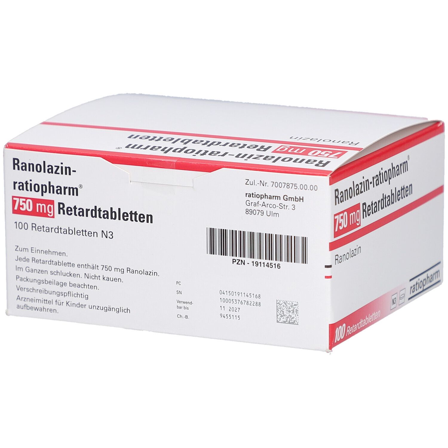 Schachtel mit roter und weißer Aufschrift. "Ranolazin-ratiopharm 750 mg Retardtabletten". 100 Tabletten. ratiopharm Logo.