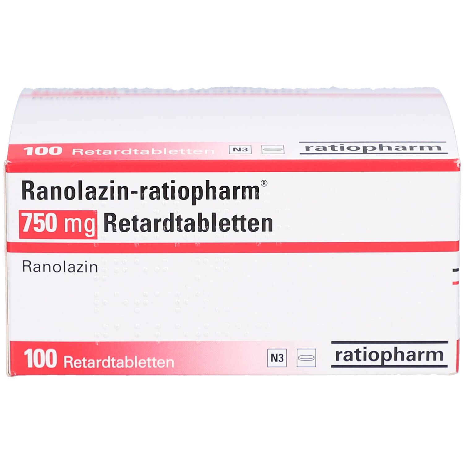 Schachtel mit roter und weißer Aufschrift. "Ranolazin-ratiopharm 750 mg Retardtabletten". 100 Tabletten. ratiopharm Logo.