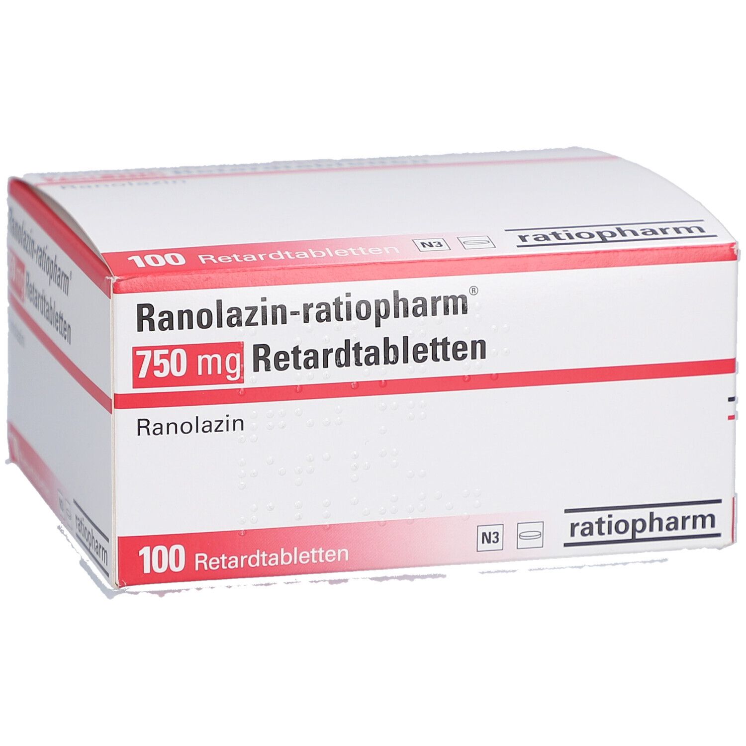 Weiße Schachtel mit roter Schrift. "Ranolazin-ratiopharm 750 mg Retardtabletten". 100 Tabletten. ratiopharm Logo.