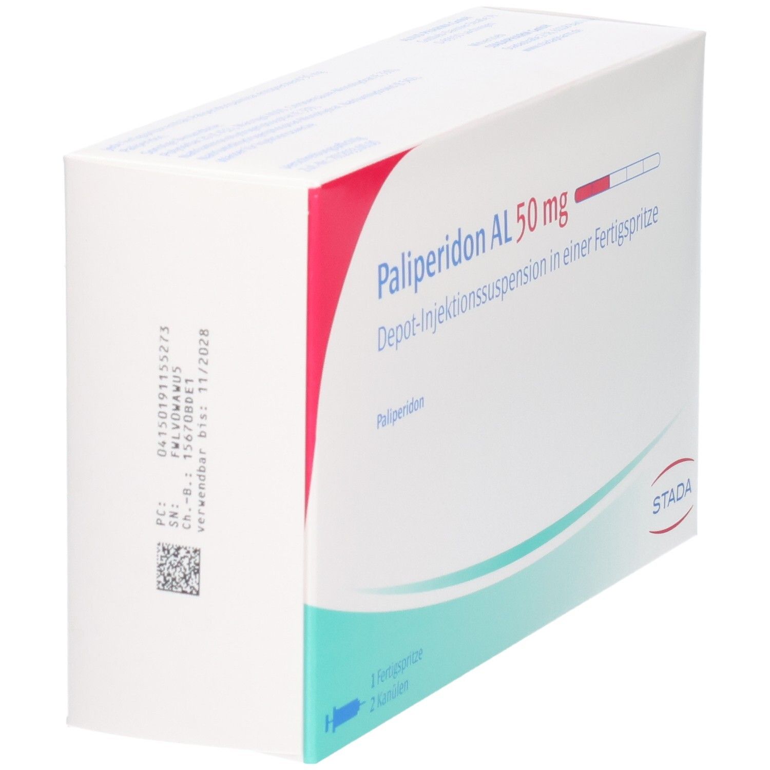 Paliperidon AL 50 mg Fertigspritze mit 2 Kanülen. STADA. Verfallsdatum: 11/2028.