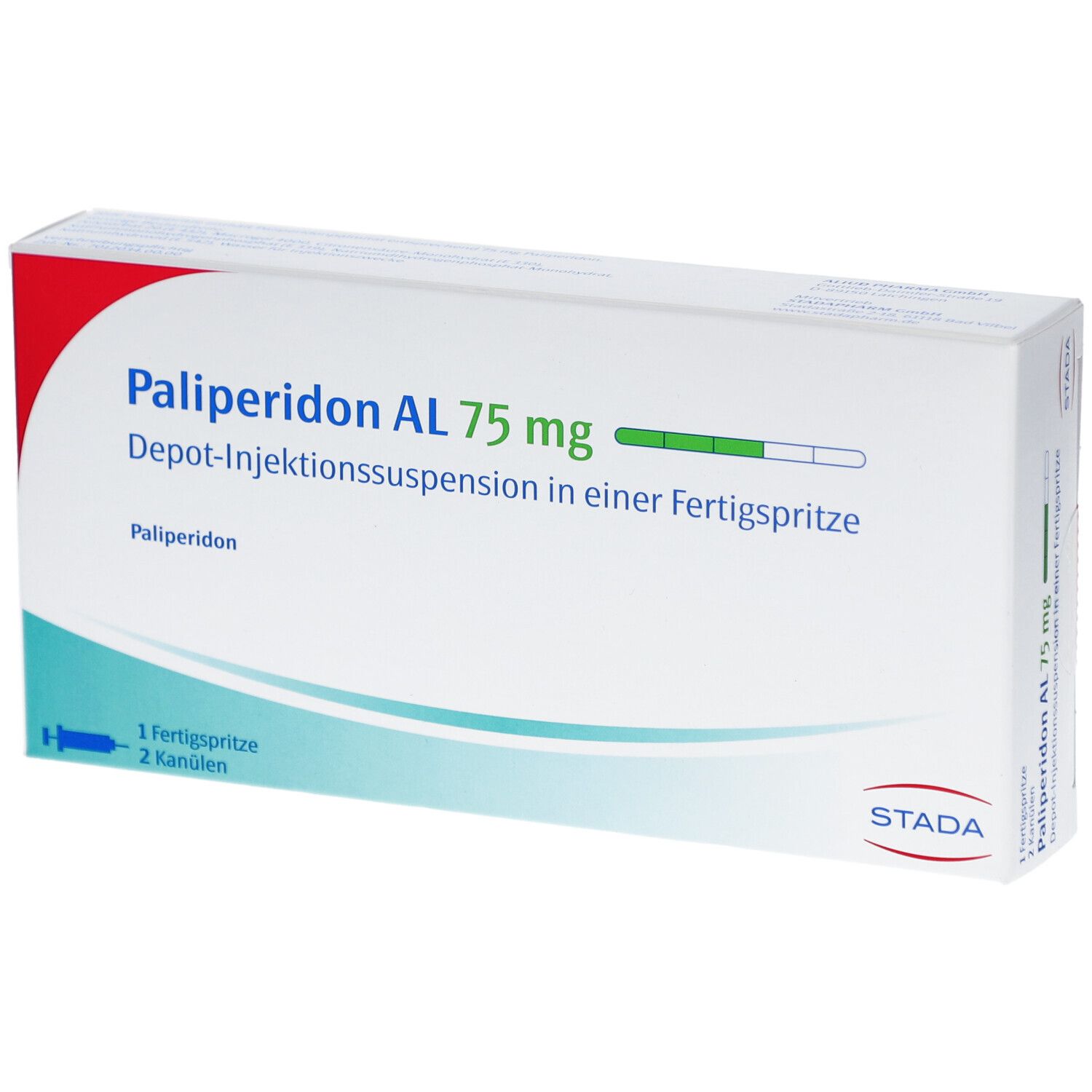 Verpackung von Palip. AL 75 mg. Aufschrift: Depot-Injektionssuspension in Fertigspritze. STADA-Logo. Enthält 1 Fertigspritze, 2 Kanülen.