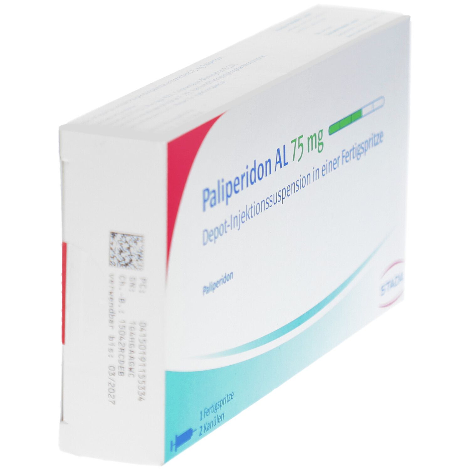 Verpackung von Palip. AL 75 mg. Aufschrift: Depot-Injektionssuspension in Fertigspritze. STADA-Logo. Enthält 1 Fertigspritze, 2 Kanülen.