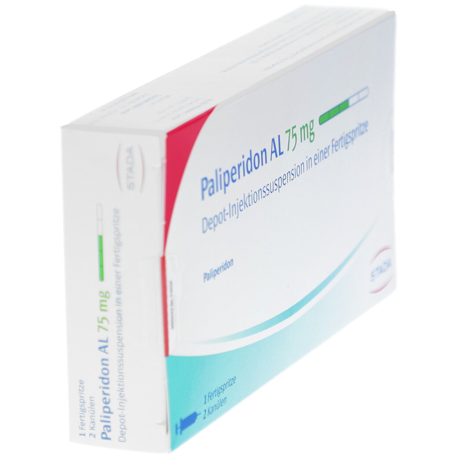 Verpackung von Palip. AL 75 mg. Aufschrift: Depot-Injektionssuspension in Fertigspritze. STADA-Logo. Enthält 1 Fertigspritze, 2 Kanülen.