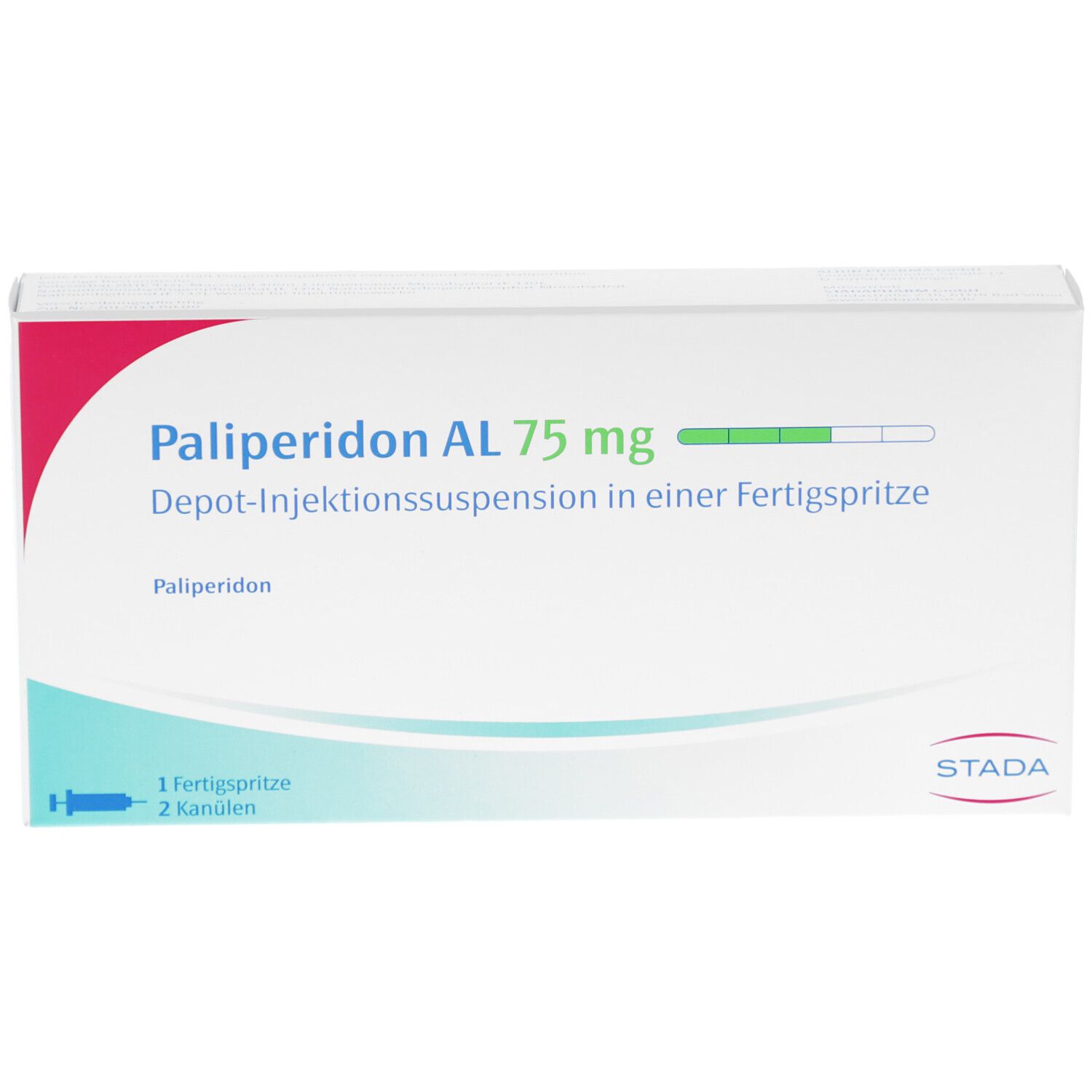 Verpackung von Palip. AL 75 mg. Aufschrift: Depot-Injektionssuspension in Fertigspritze. STADA-Logo. Enthält 1 Fertigspritze, 2 Kanülen.