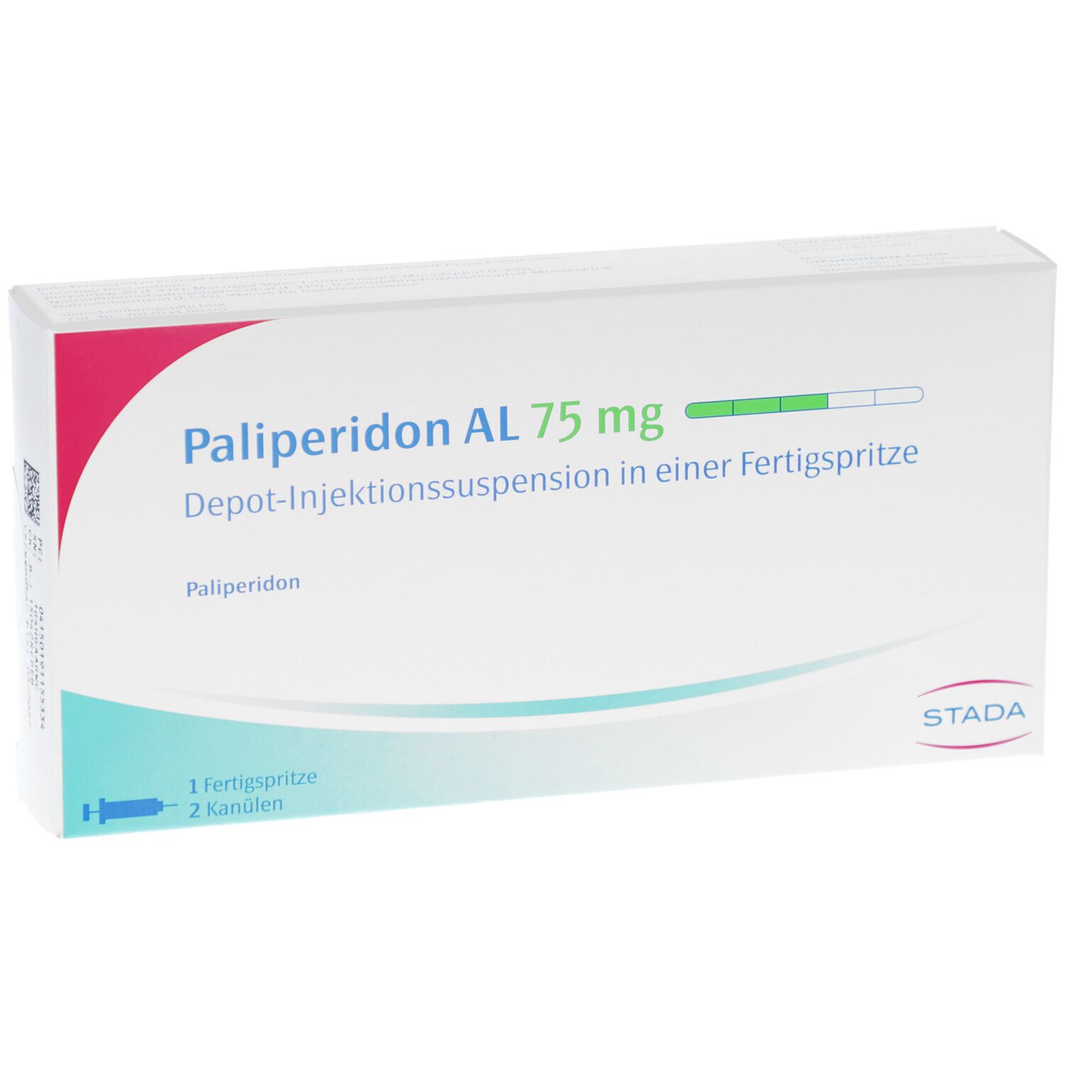 Verpackung von Palip. AL 75 mg. Aufschrift: Depot-Injektionssuspension in Fertigspritze. STADA-Logo. Enthält 1 Fertigspritze, 2 Kanülen.