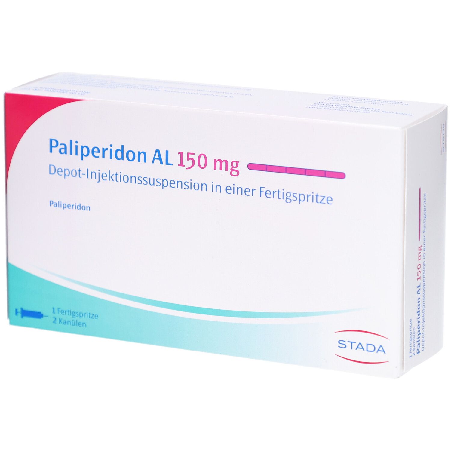 Schachtel mit Aufschrift Palip. AL 150 mg. Depot-Injektionssuspension. Fertigspritze und Kanülen. STADA Logo.