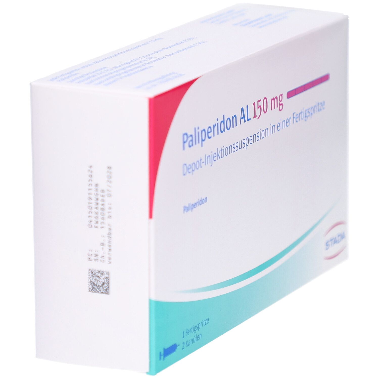 Schachtel, schräg. Aufschrift Palip. AL 150 mg. Depot-Injektionssuspension. Fertigspritze und Kanülen. STADA Logo. Barcode.