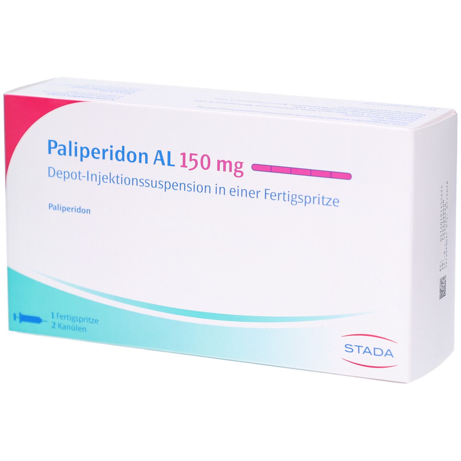Schachtel mit Aufschrift Palip. AL 150 mg. Depot-Injektionssuspension. Fertigspritze und Kanülen. STADA Logo.