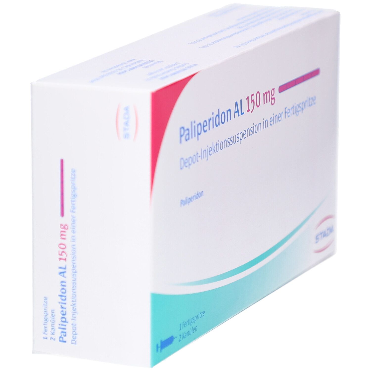 Schachtel, schräg. Aufschrift Palip. AL 150 mg. Depot-Injektionssuspension. Fertigspritze und Kanülen. STADA Logo.