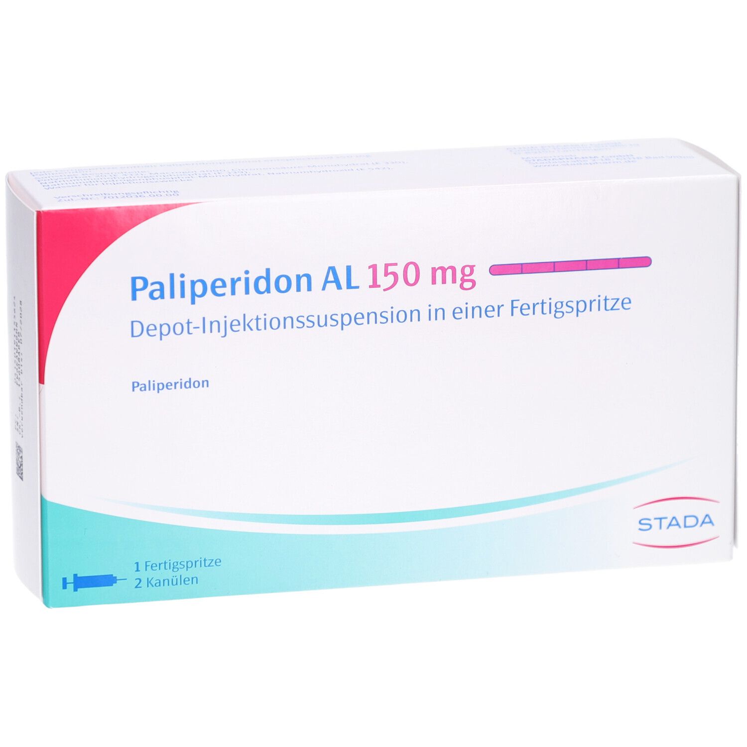 Schachtel mit Aufschrift Palip. AL 150 mg. Depot-Injektionssuspension. Fertigspritze und Kanülen. STADA Logo.