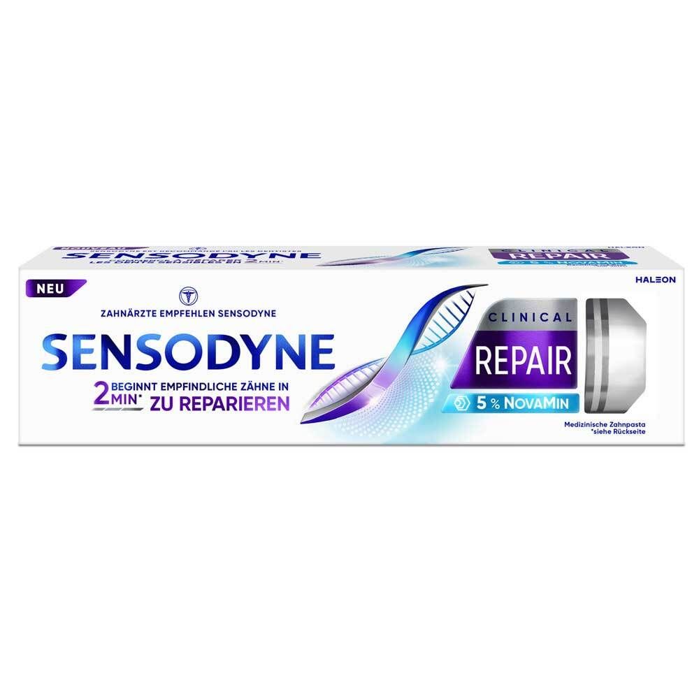 Zahnpasta-Tube und -Verpackung. Sensodyne Clinical Repair, 5% NovaMin. Weiße Tube, blaue und lila Elemente.