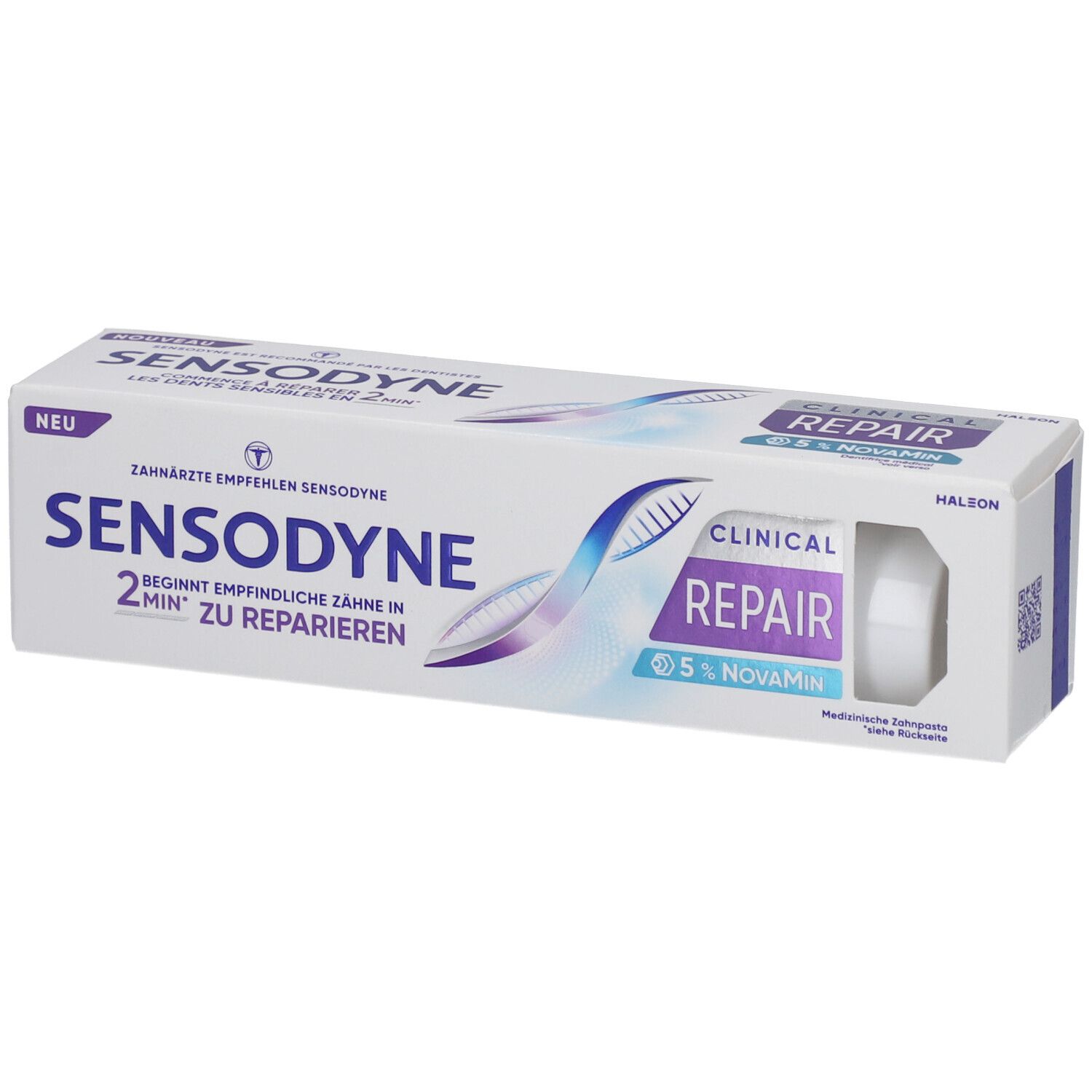 Zahnpasta-Verpackung mit Sensodyne Clinical REPAIR. Text: 2 Min. zu reparieren, 5% NovaMin. Weiß, blau, lila.