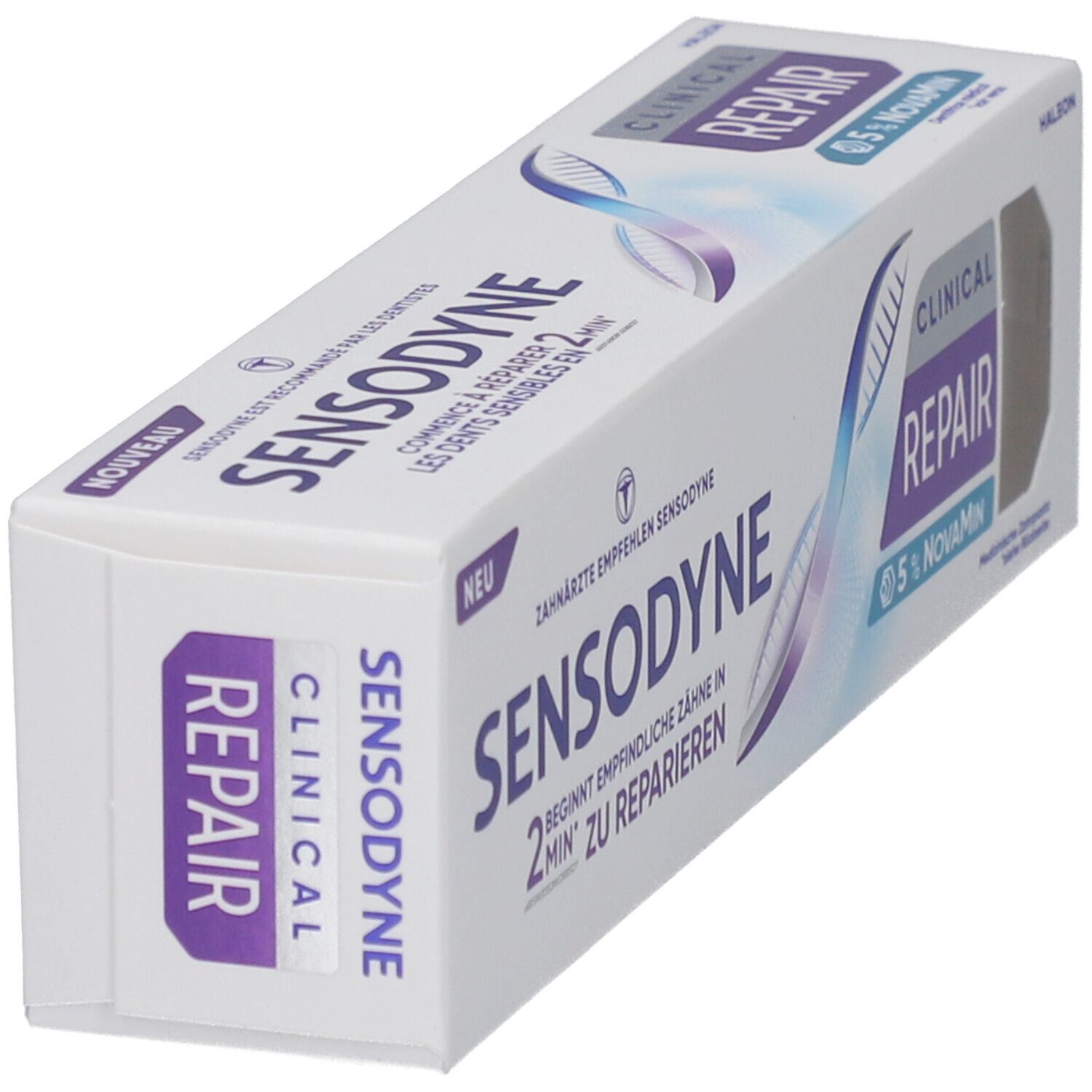 Schräg gestellte Zahnpasta-Verpackung Sensodyne Clinical REPAIR. Text: 2 Min. zu reparieren, 5% NovaMin. Weiß, blau, lila.