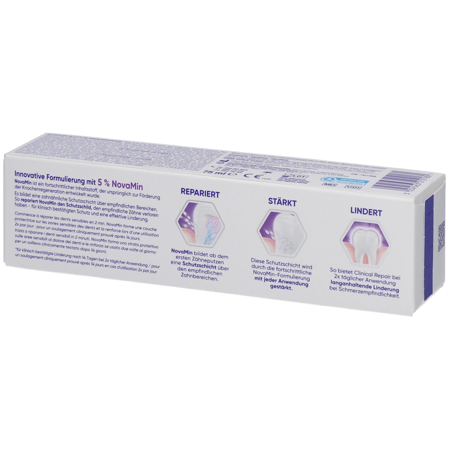 Rückseite der Zahnpasta-Verpackung Sensodyne Clinical REPAIR. Text: Innovative Formulierung mit 5% NovaMin. Weiß, blau, lila.