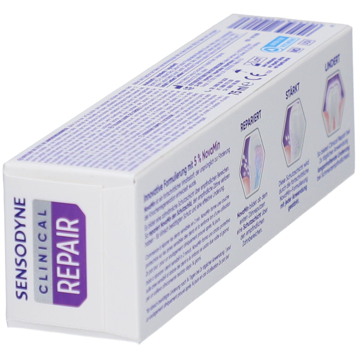 Schräg gestellte Rückseite der Zahnpasta-Verpackung Sensodyne Clinical REPAIR. Text: 5% NovaMin. Weiß, blau, lila.